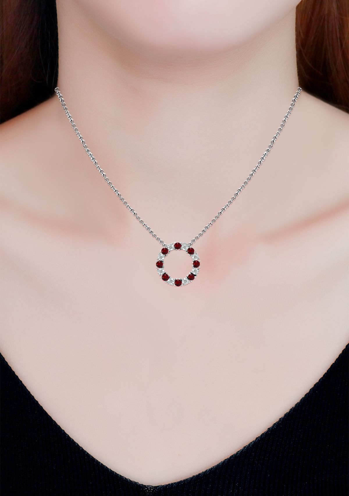 1.17 ct. t.w. Garnet and Diamond Circle Necklace, Sterling Silver