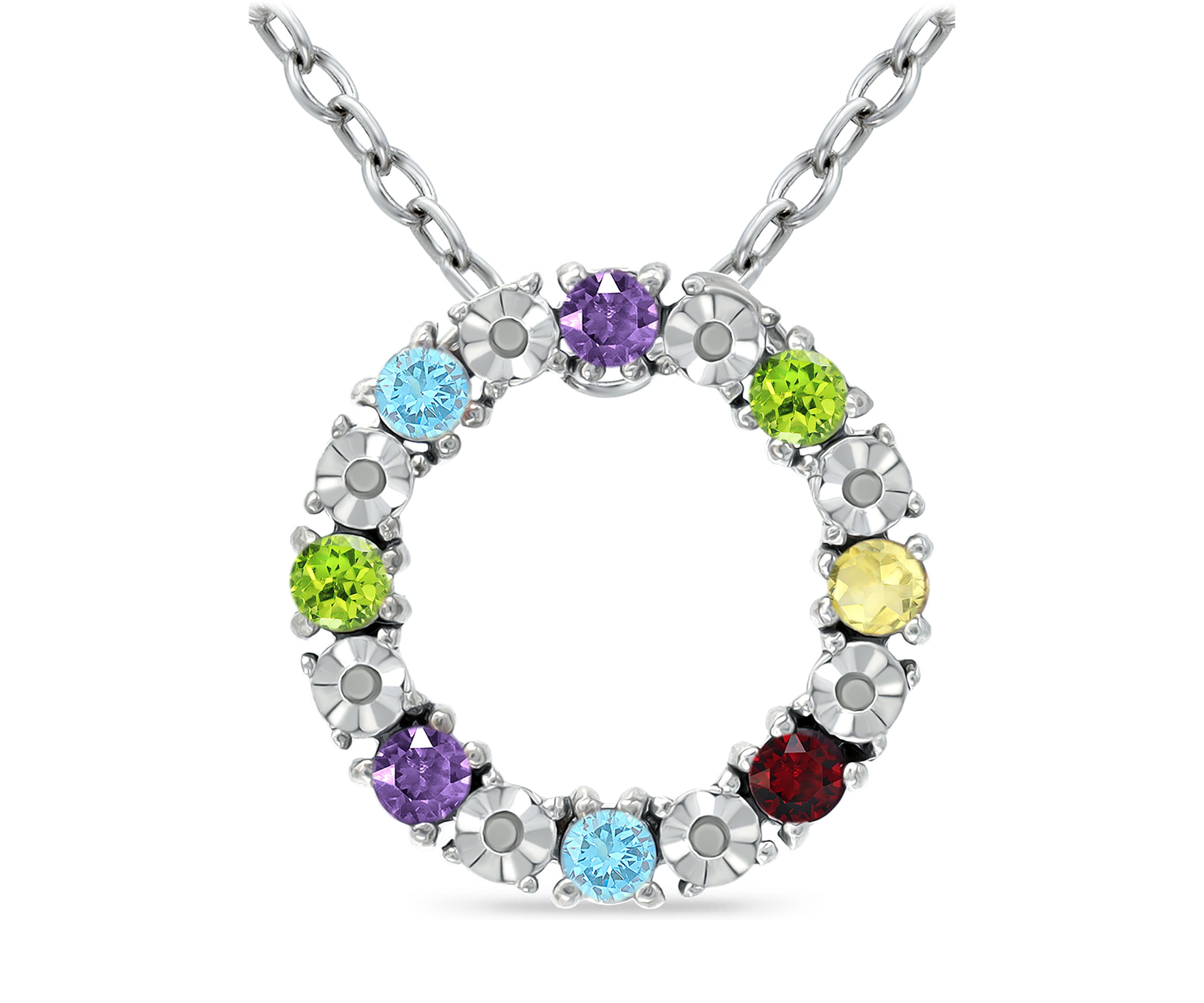 7/8 ct. t.w. Multi Gemstone and Diamond Circle Necklace, Sterling Silver