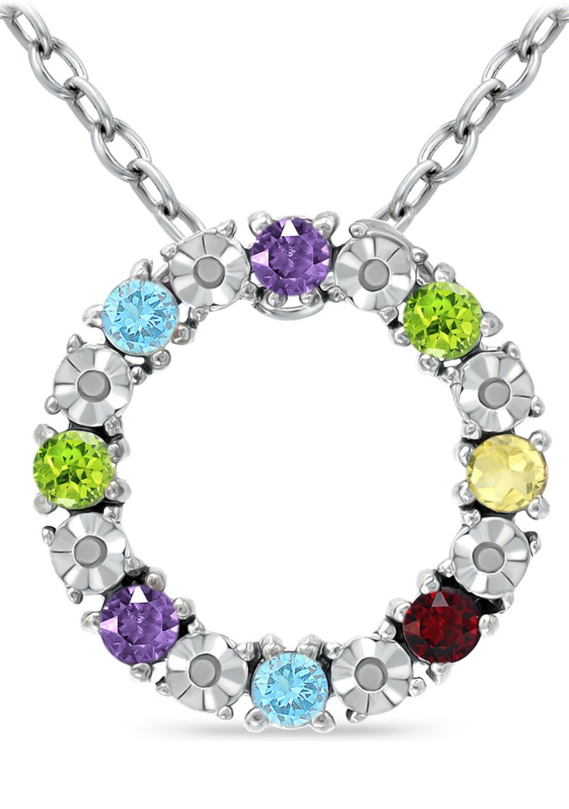 7/8 ct. t.w. Multi Gemstone and Diamond Circle Necklace, Sterling Silver