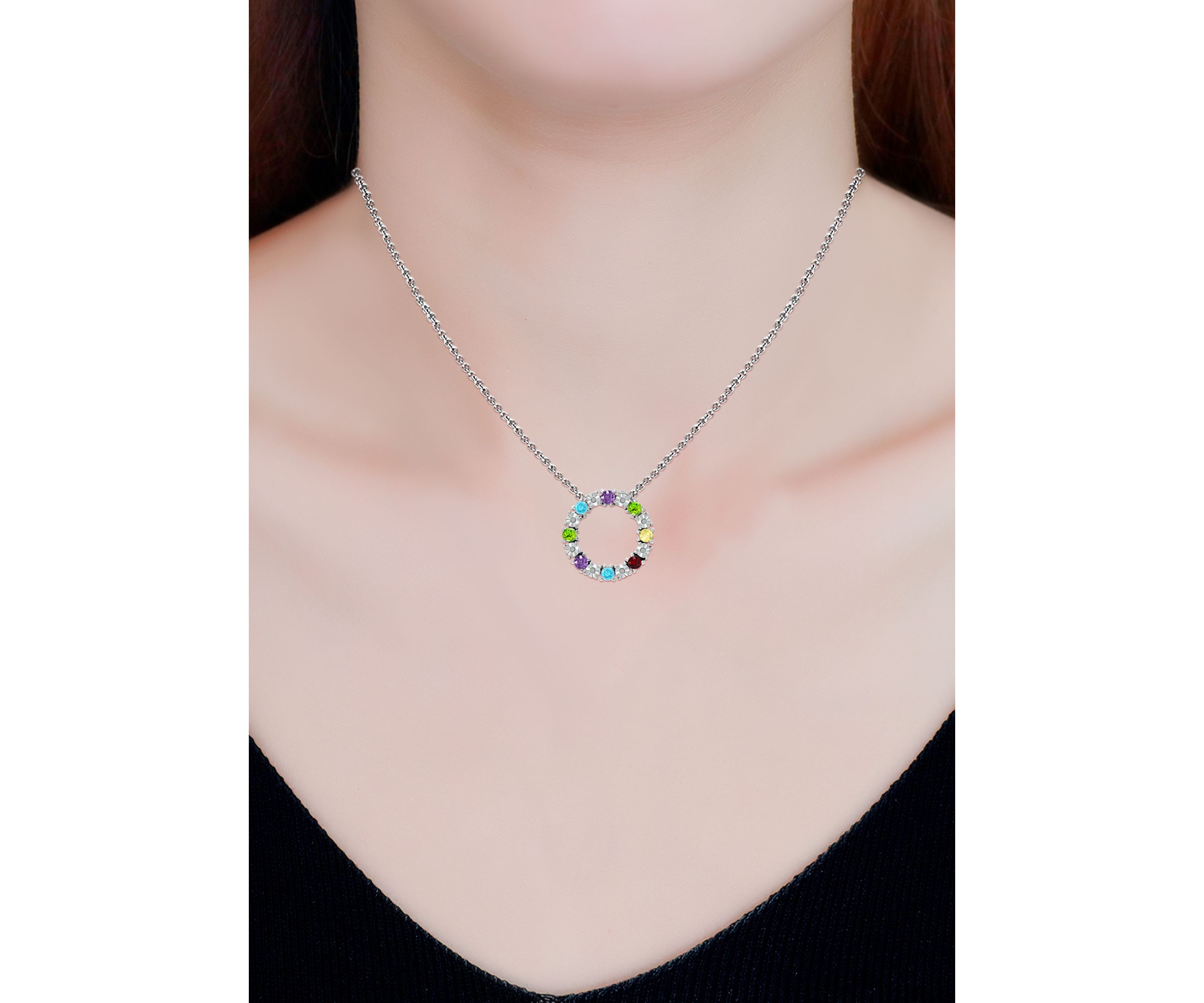 7/8 ct. t.w. Multi Gemstone and Diamond Circle Necklace, Sterling Silver