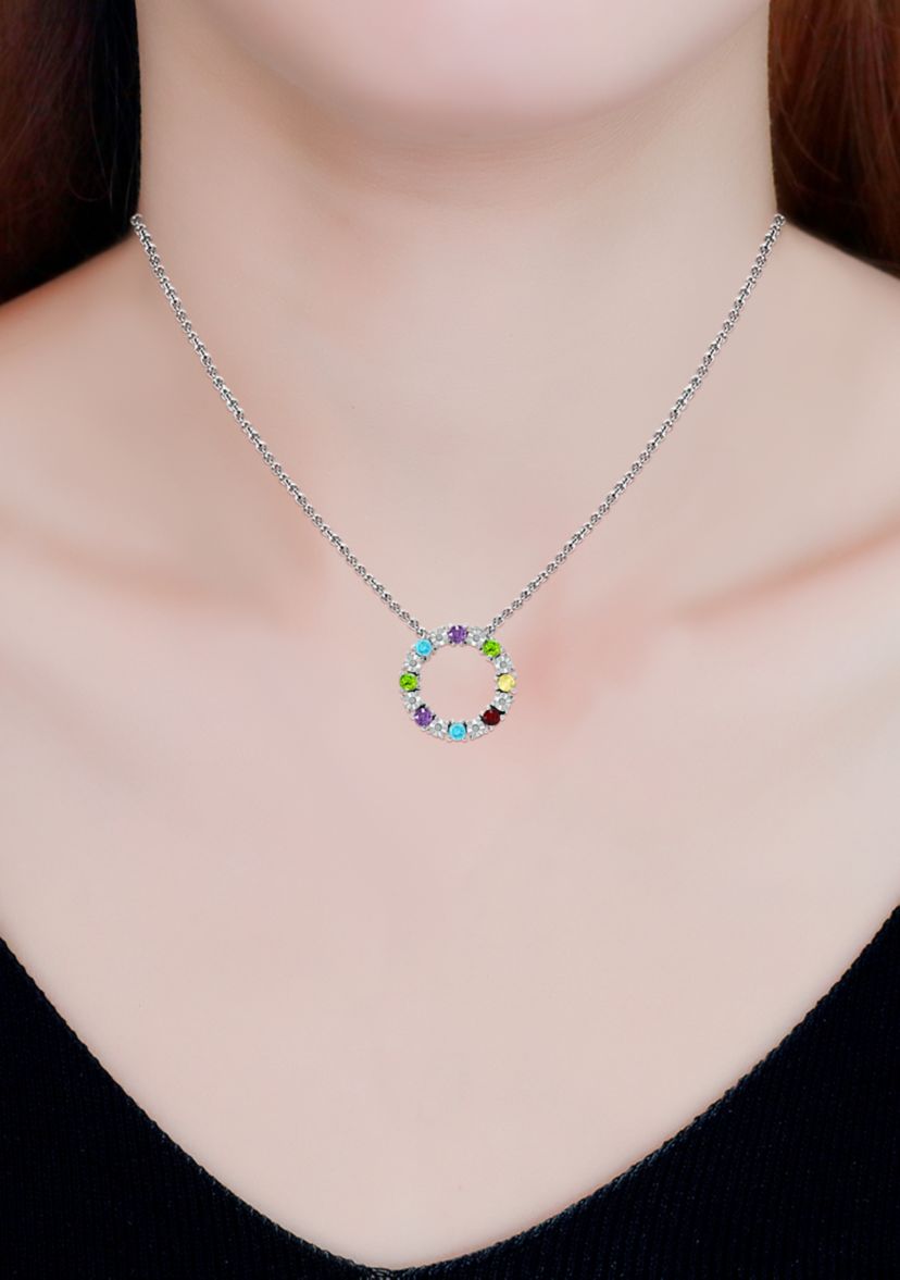 7/8 ct. t.w. Multi Gemstone and Diamond Circle Necklace, Sterling Silver