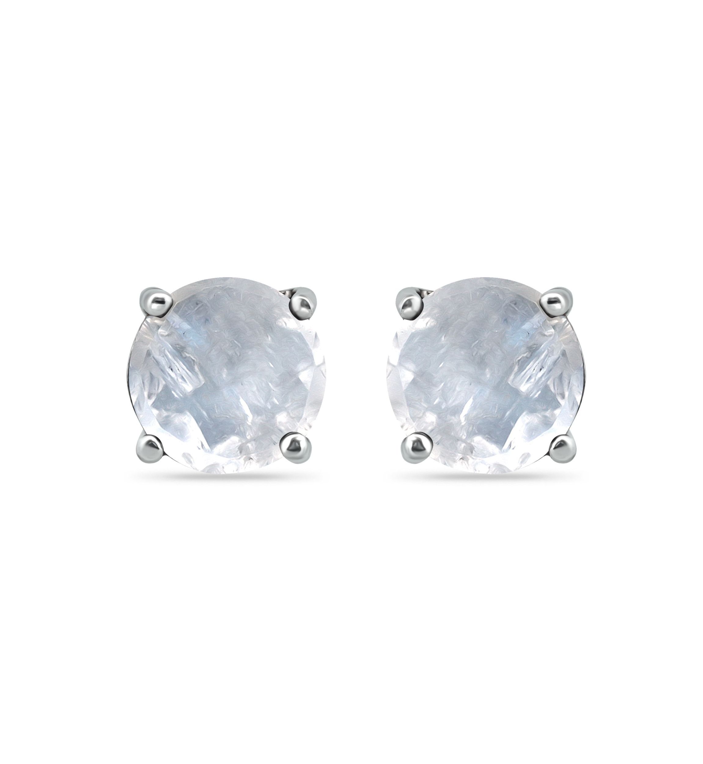 6mm Round Faceted Moonstone Solitaire Earrings, Sterling Silver, DS