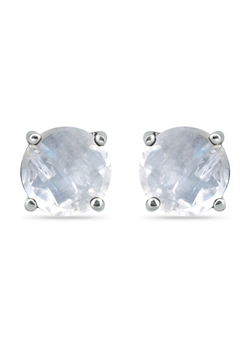 6mm Round Faceted Moonstone Solitaire Earrings, Sterling Silver, DS