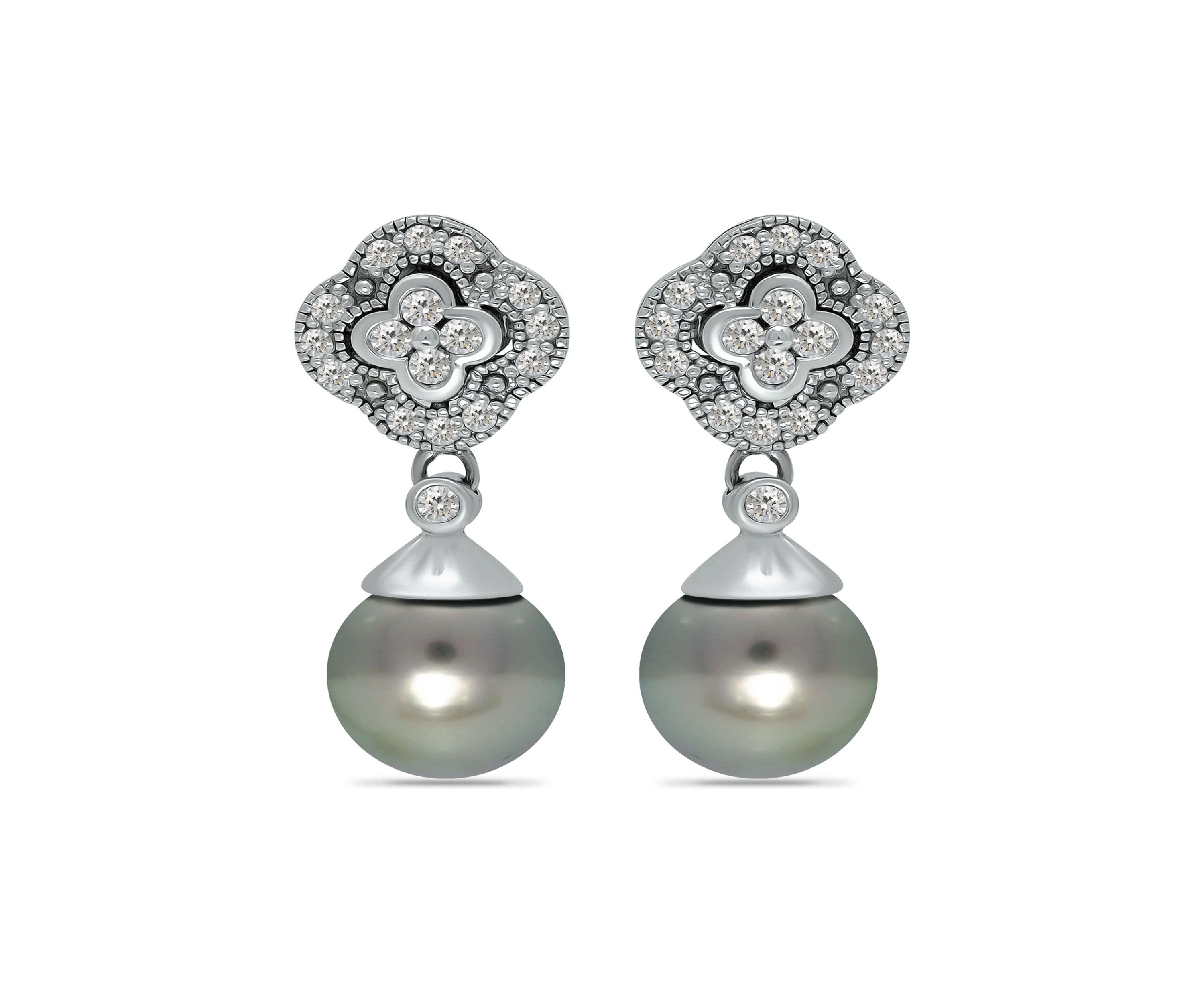 11MM Tahaitian Pearl and White Topaz Clover Drop Earrings, Sterling Silver