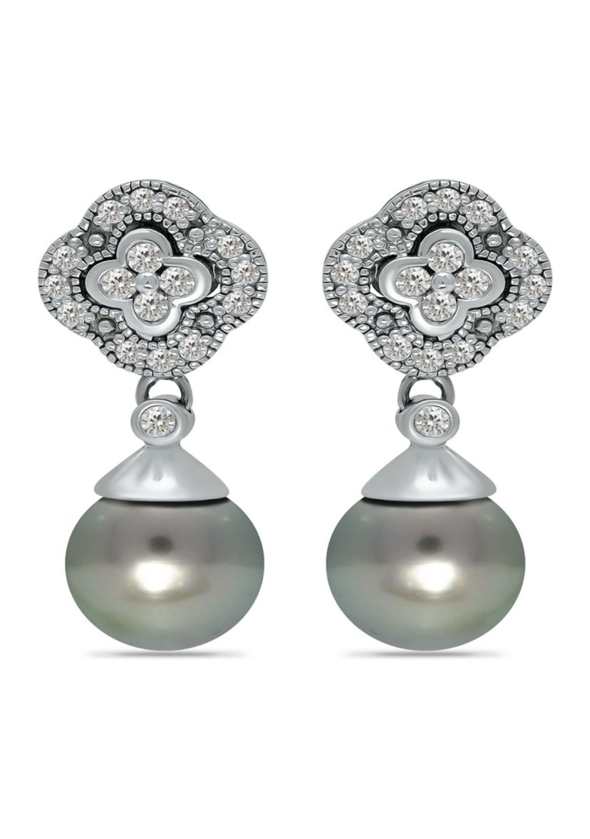 11MM Tahaitian Pearl and White Topaz Clover Drop Earrings, Sterling Silver