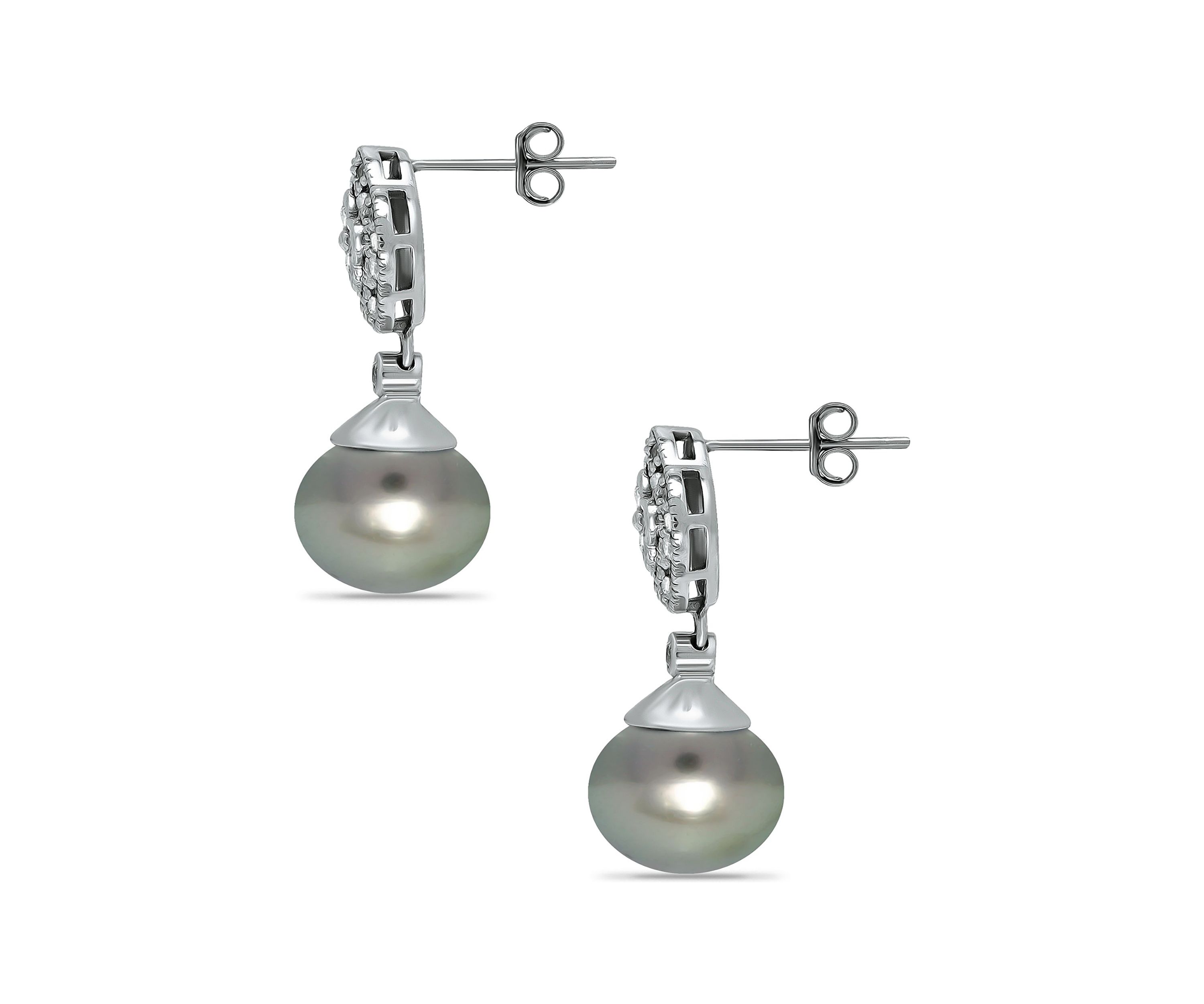 11MM Tahaitian Pearl and White Topaz Clover Drop Earrings, Sterling Silver