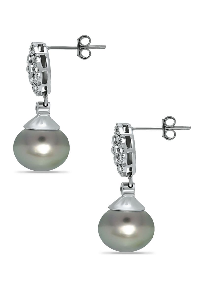 11MM Tahaitian Pearl and White Topaz Clover Drop Earrings, Sterling Silver