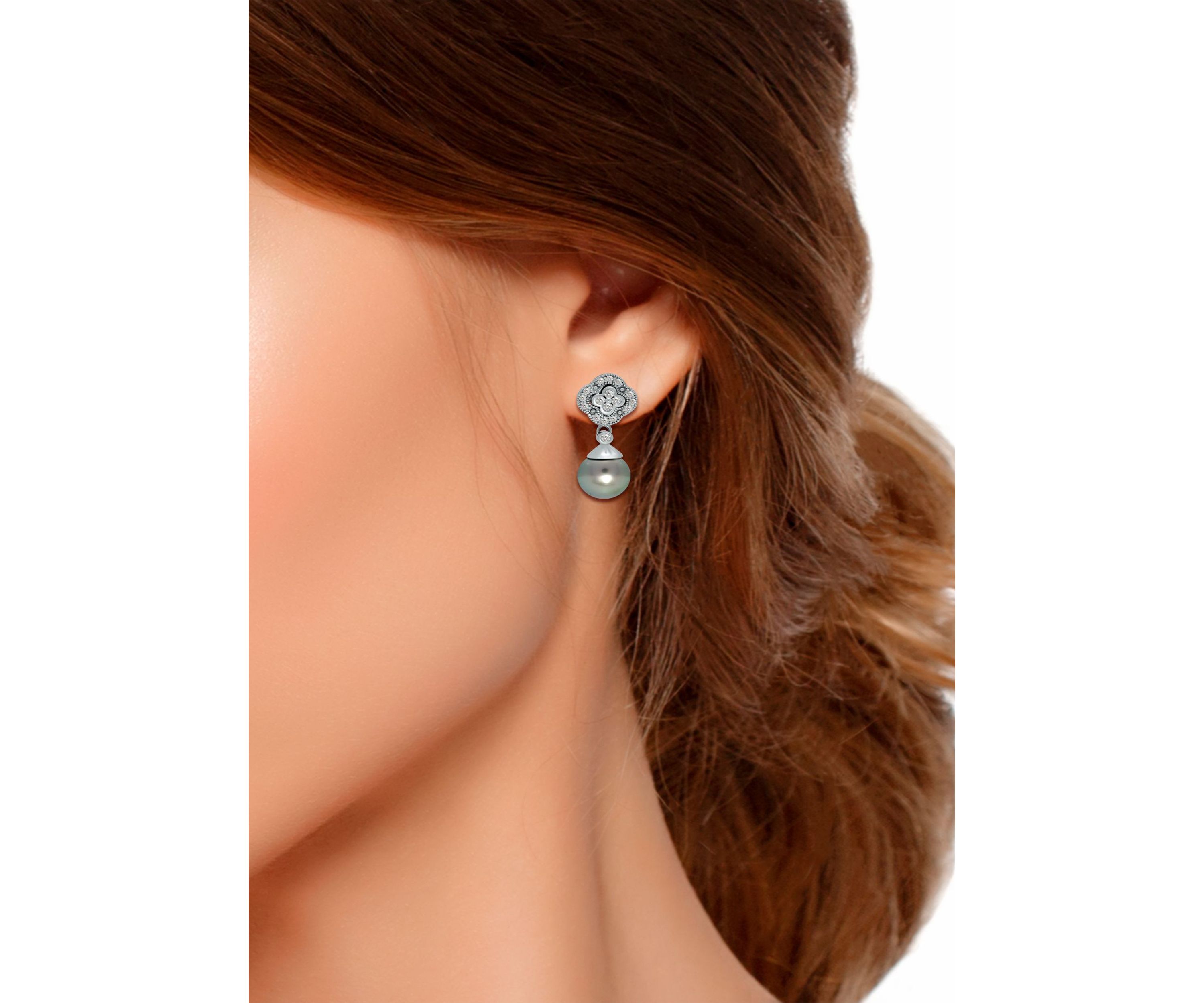 11MM Tahaitian Pearl and White Topaz Clover Drop Earrings, Sterling Silver