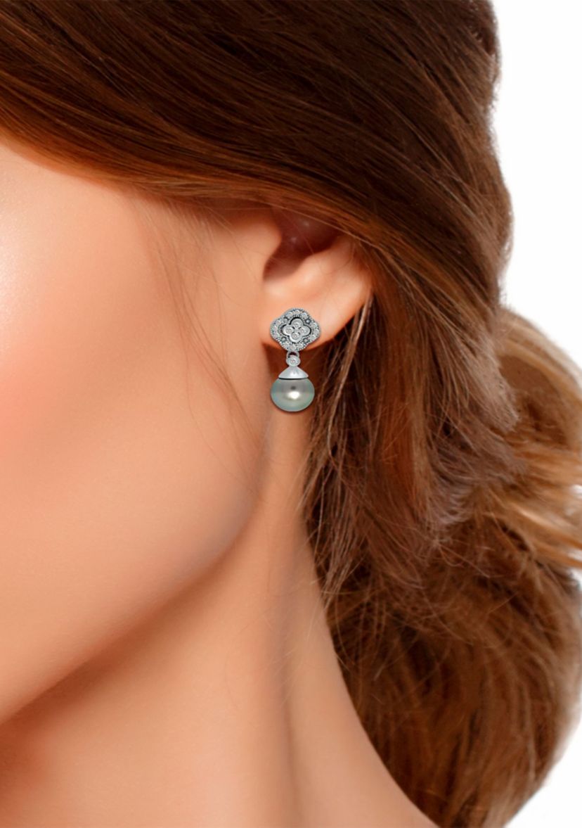 11MM Tahaitian Pearl and White Topaz Clover Drop Earrings, Sterling Silver