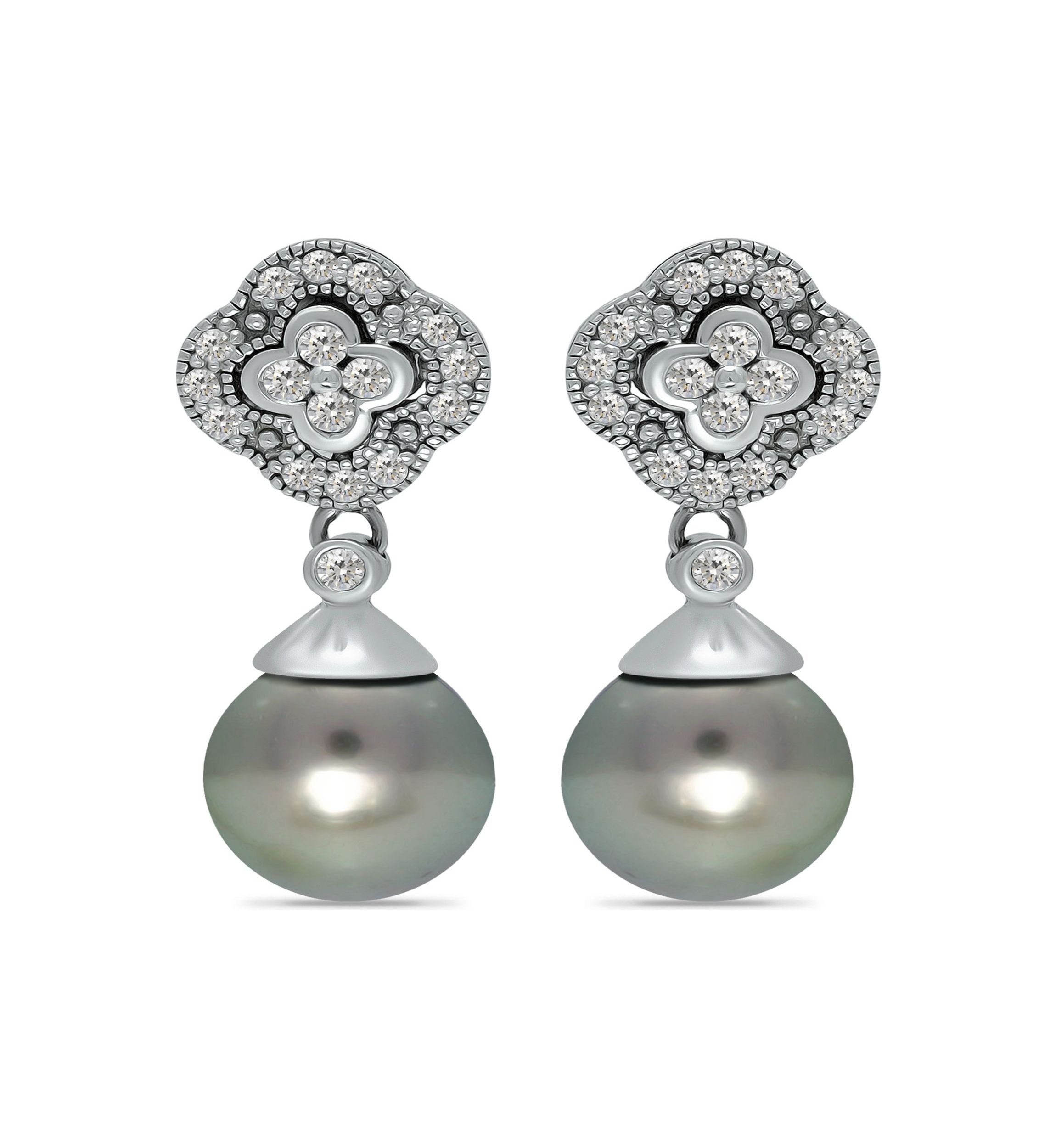 12MM Tahaitian Pearl and White Topaz Clover Drop Earrings, Sterling Silver