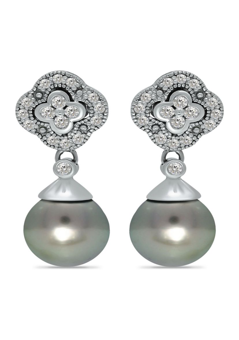 12MM Tahaitian Pearl and White Topaz Clover Drop Earrings, Sterling Silver