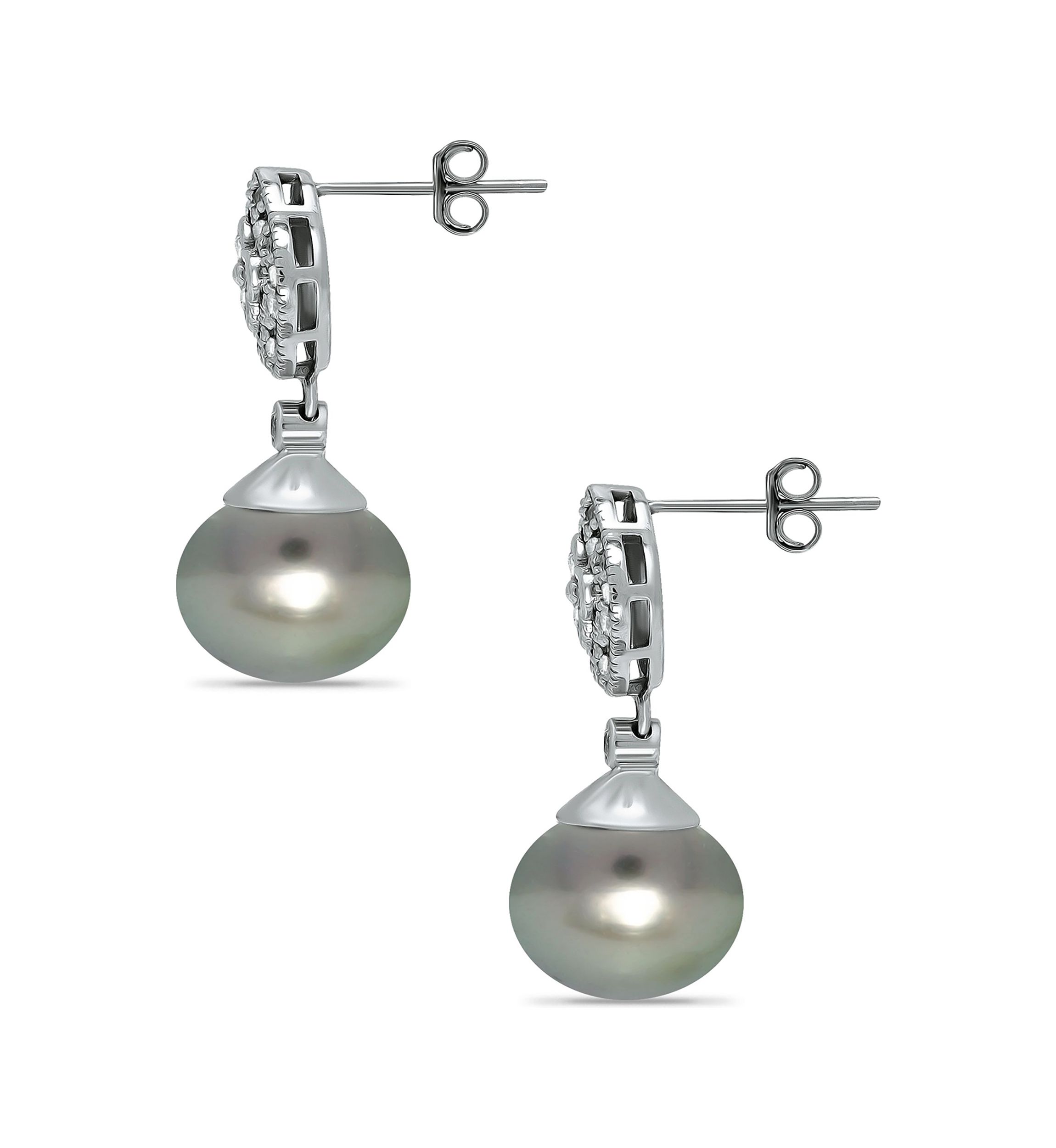 12MM Tahaitian Pearl and White Topaz Clover Drop Earrings, Sterling Silver