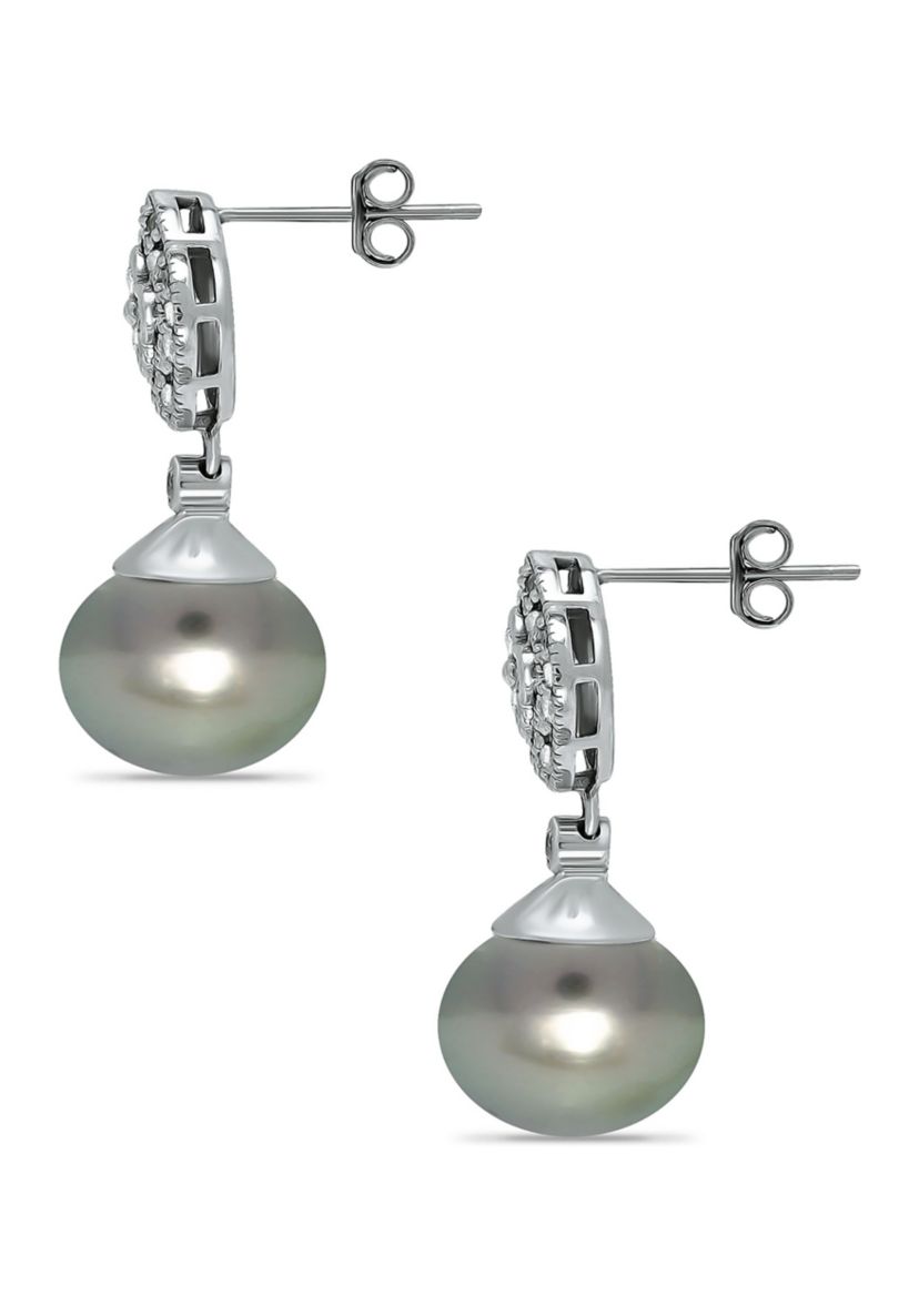 12MM Tahaitian Pearl and White Topaz Clover Drop Earrings, Sterling Silver