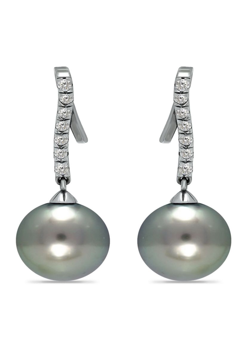 11MM Tahaitian Pearl and White Topaz Line Drop Earrings, Sterling Silver