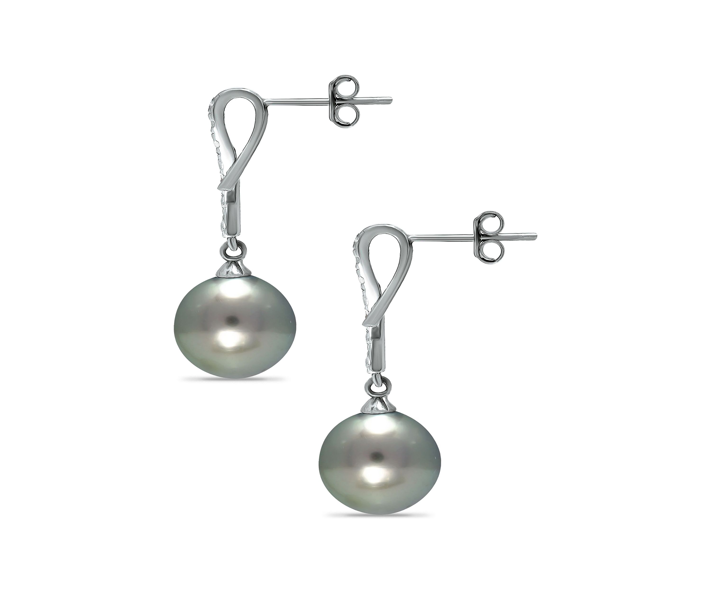 11MM Tahaitian Pearl and White Topaz Line Drop Earrings, Sterling Silver