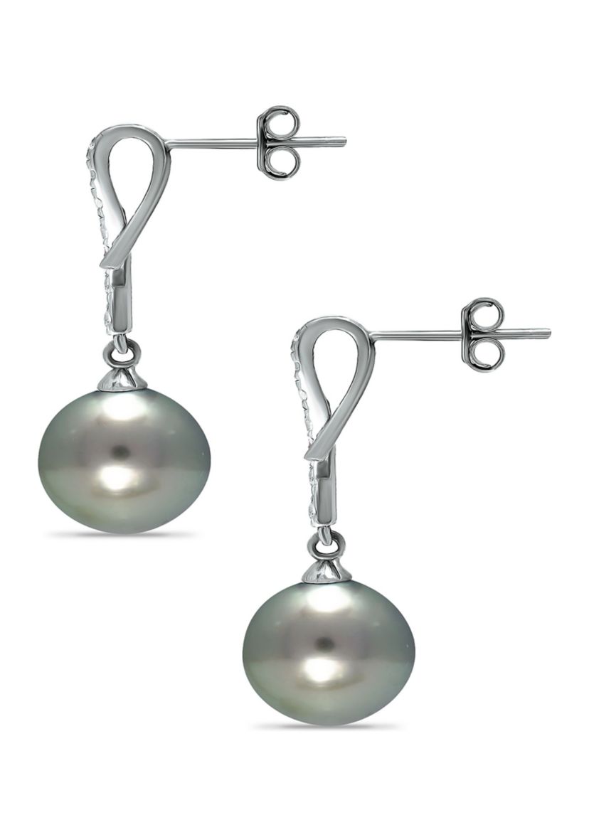 11MM Tahaitian Pearl and White Topaz Line Drop Earrings, Sterling Silver