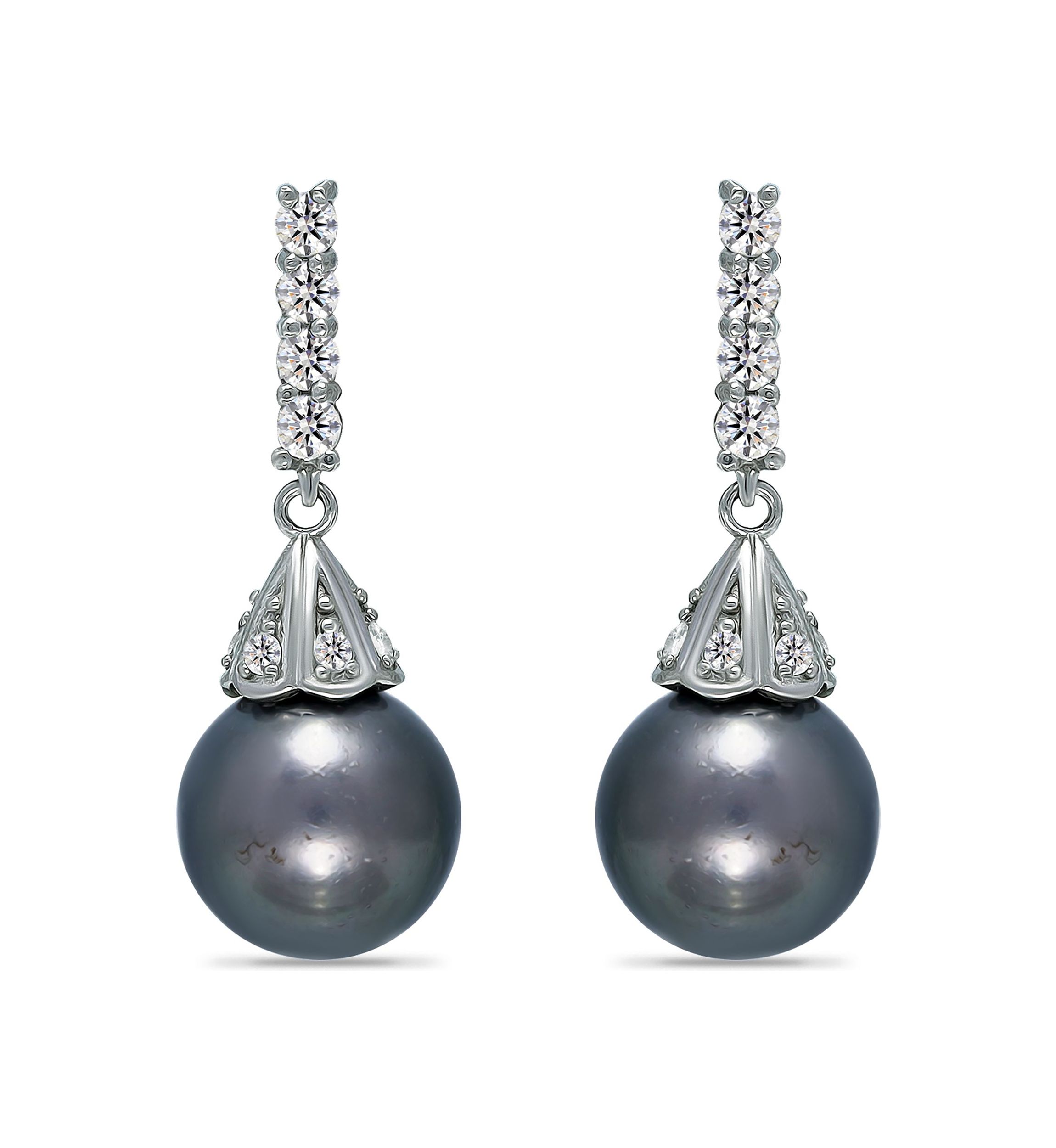 11MM Tahaitian Pearl and White Topaz Drop Earrings, Sterling Silver