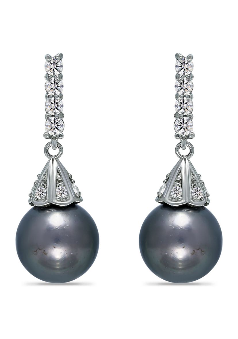 11MM Tahaitian Pearl and White Topaz Drop Earrings, Sterling Silver