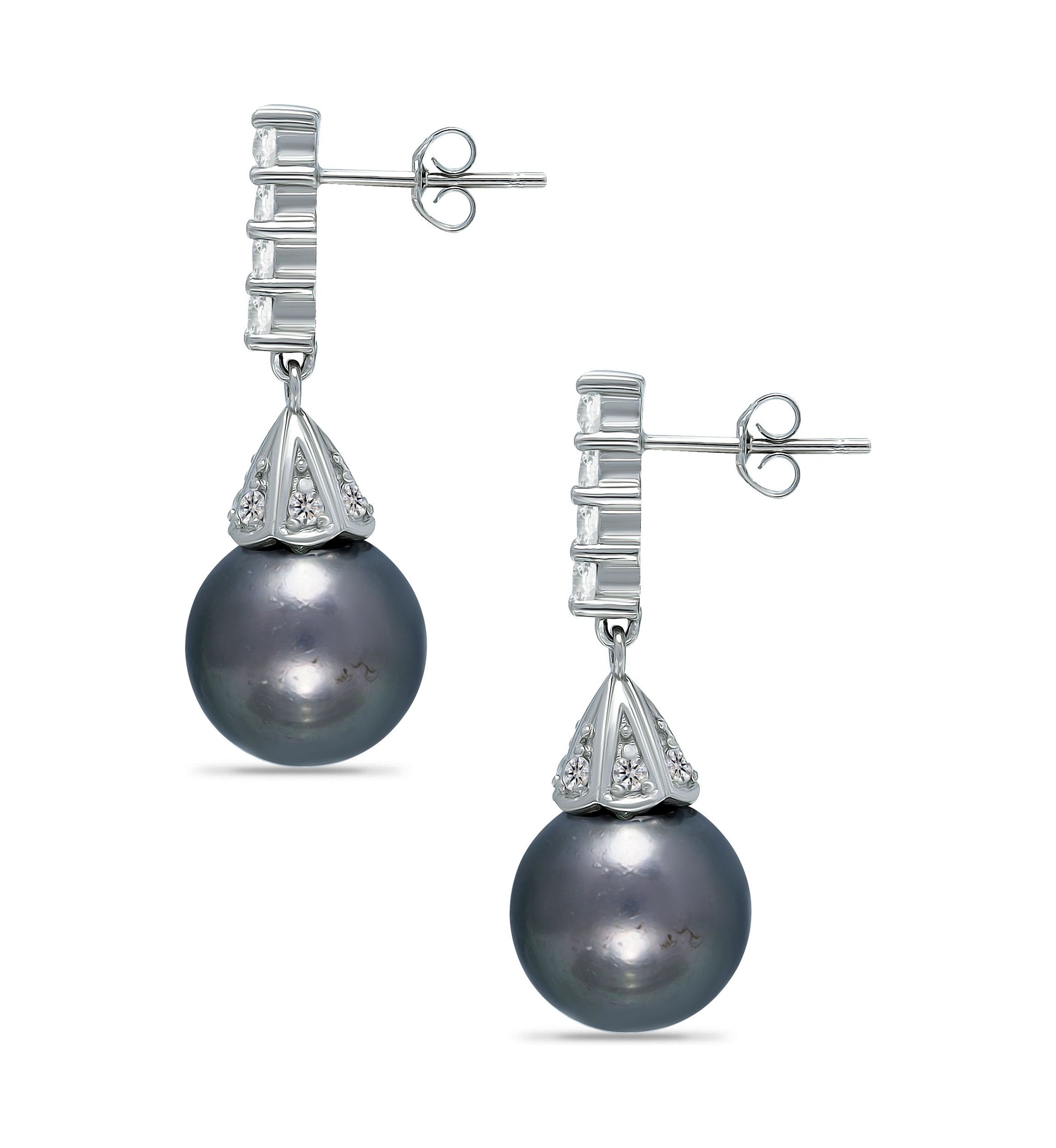 11MM Tahaitian Pearl and White Topaz Drop Earrings, Sterling Silver