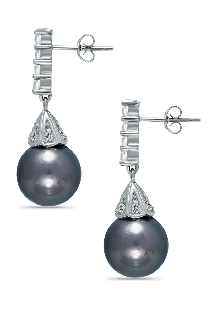 11MM Tahaitian Pearl and White Topaz Drop Earrings, Sterling Silver