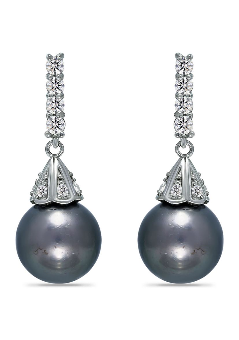 12MM Tahaitian Pearl and White Topaz Drop Earrings, Sterling Silver