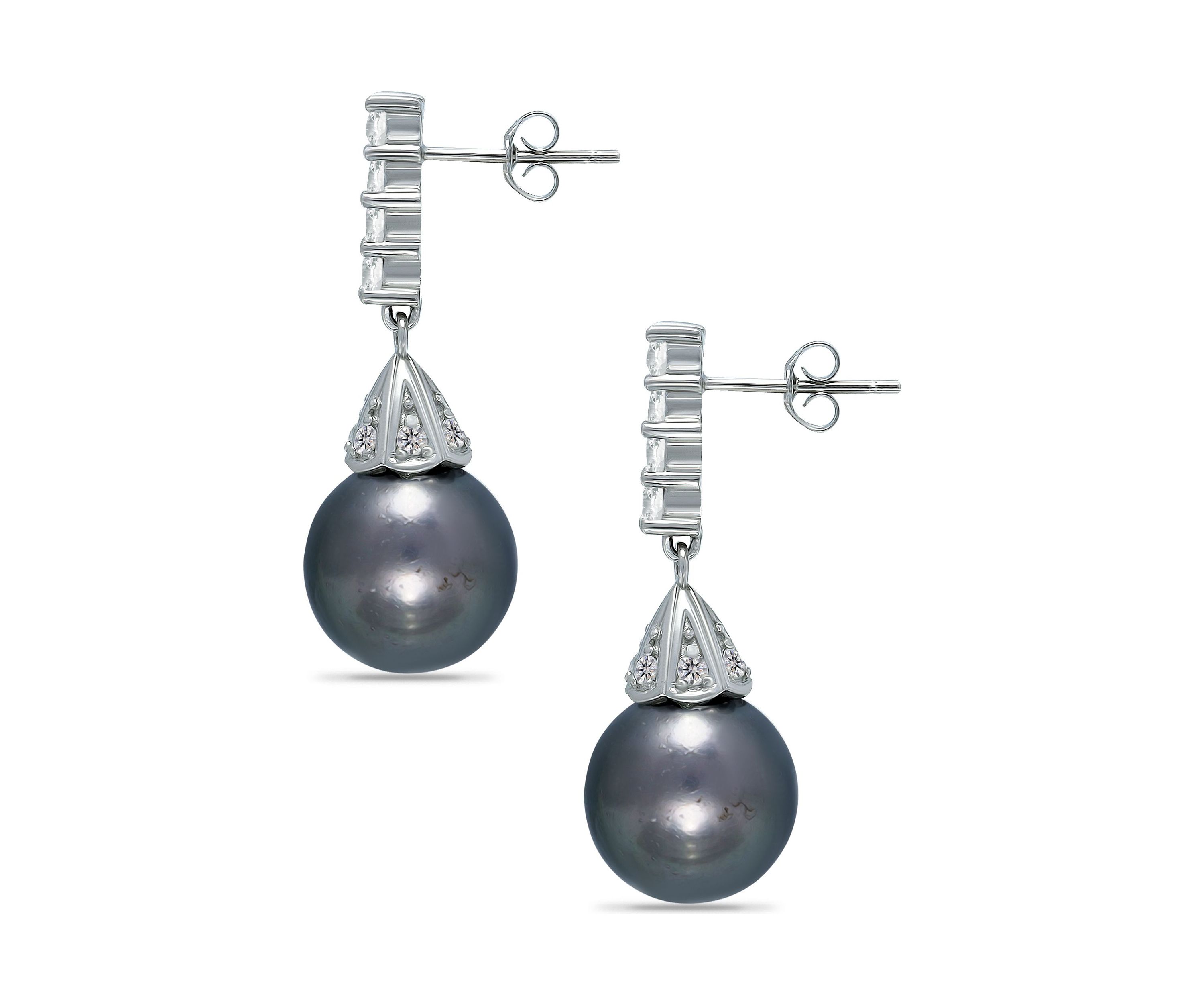 12MM Tahaitian Pearl and White Topaz Drop Earrings, Sterling Silver