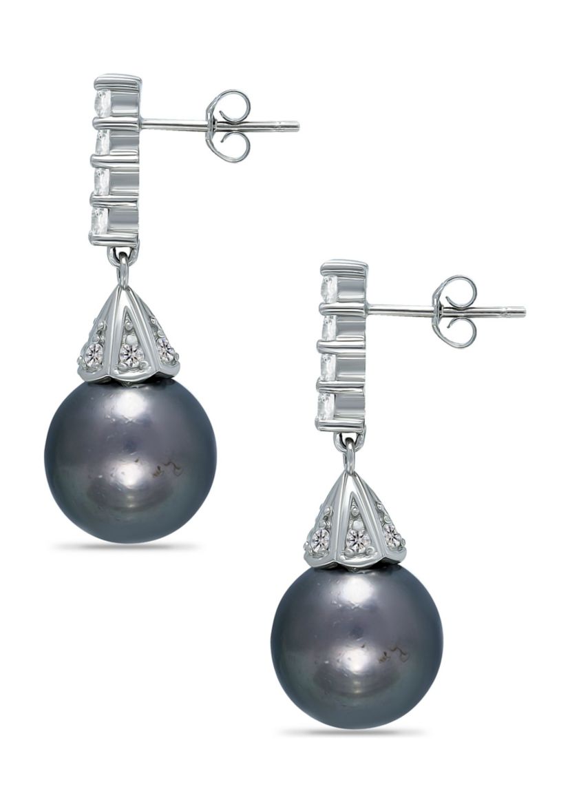 12MM Tahaitian Pearl and White Topaz Drop Earrings, Sterling Silver