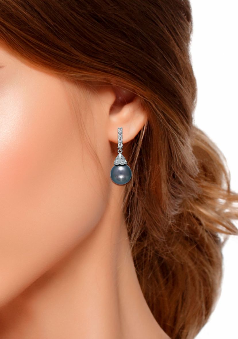 12MM Tahaitian Pearl and White Topaz Drop Earrings, Sterling Silver