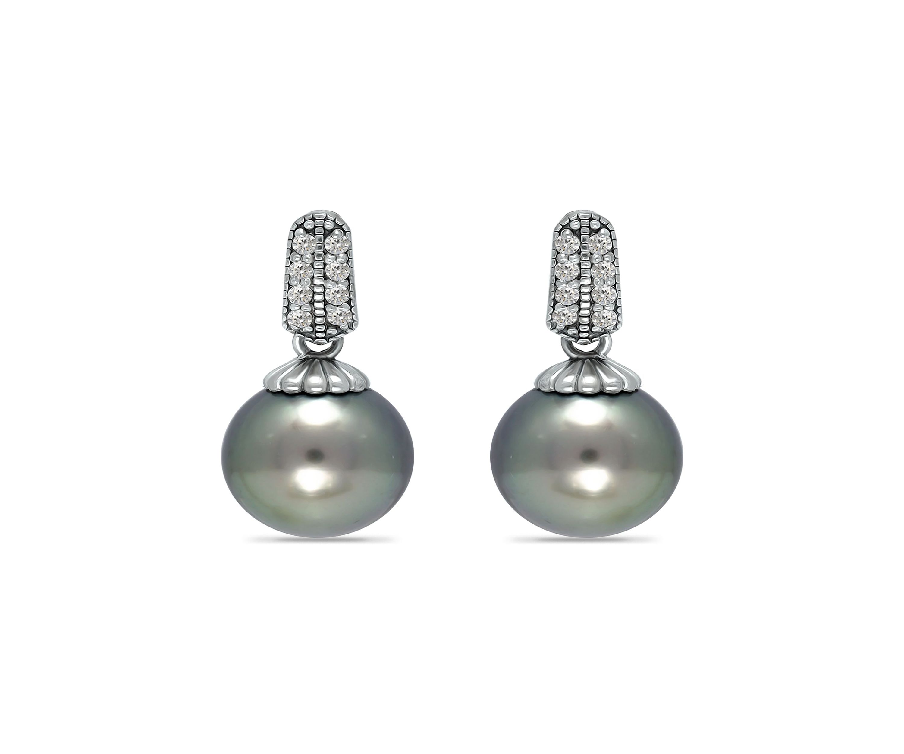 12MM Tahaitian Pearl and White Topaz Pave Drop Earrings, Sterling Silver