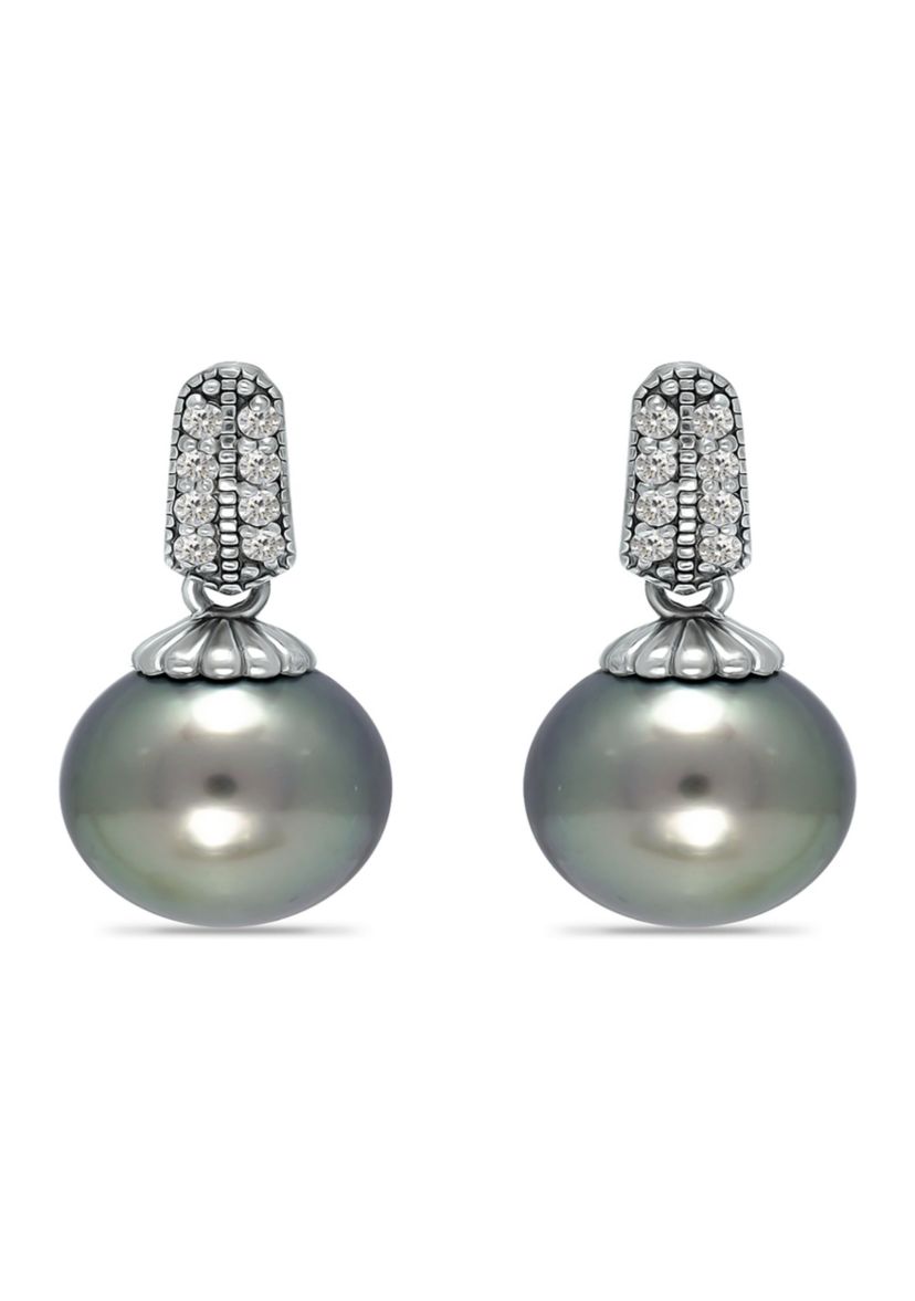 12MM Tahaitian Pearl and White Topaz Pave Drop Earrings, Sterling Silver