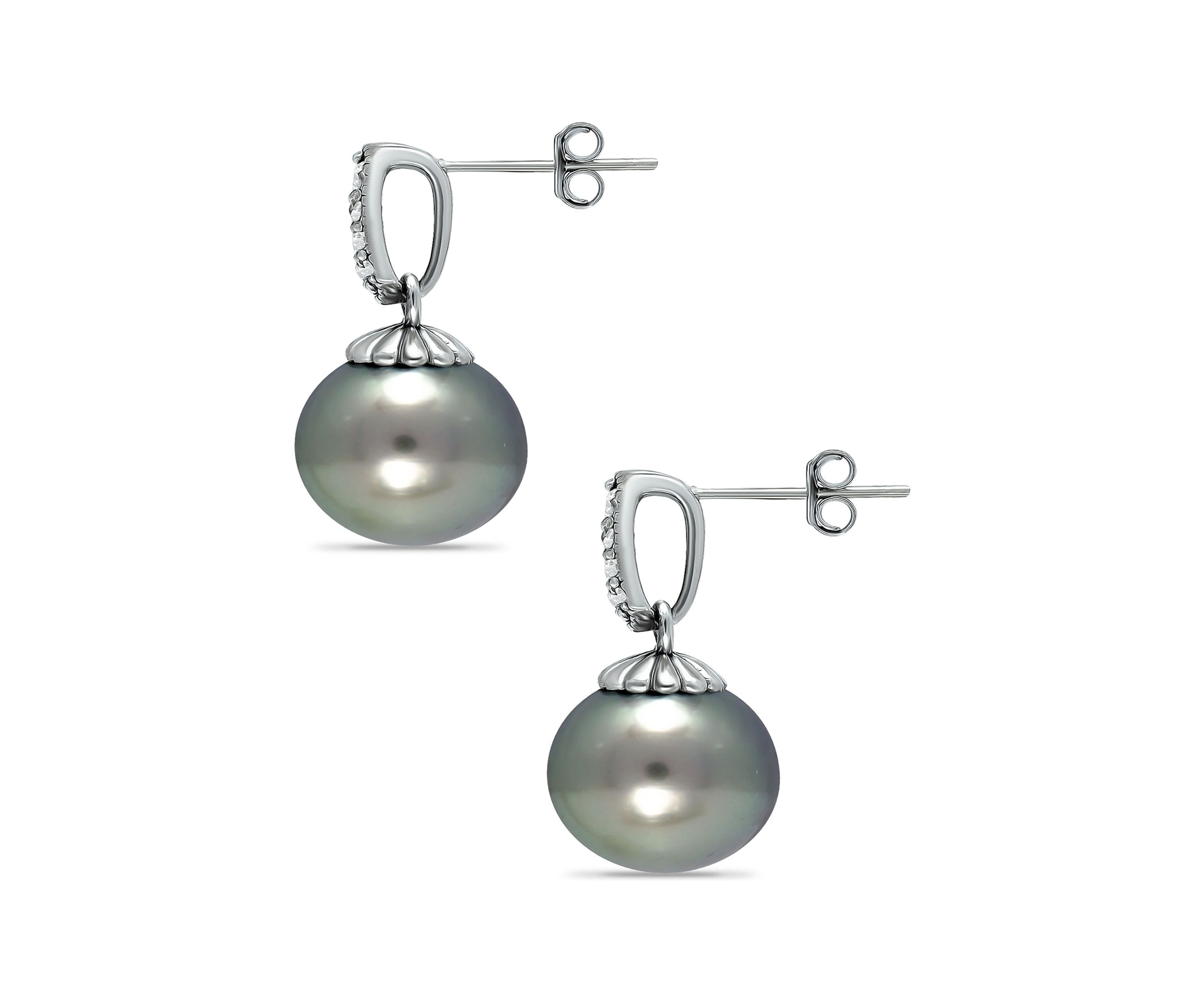12MM Tahaitian Pearl and White Topaz Pave Drop Earrings, Sterling Silver