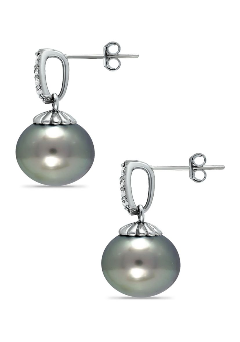 12MM Tahaitian Pearl and White Topaz Pave Drop Earrings, Sterling Silver