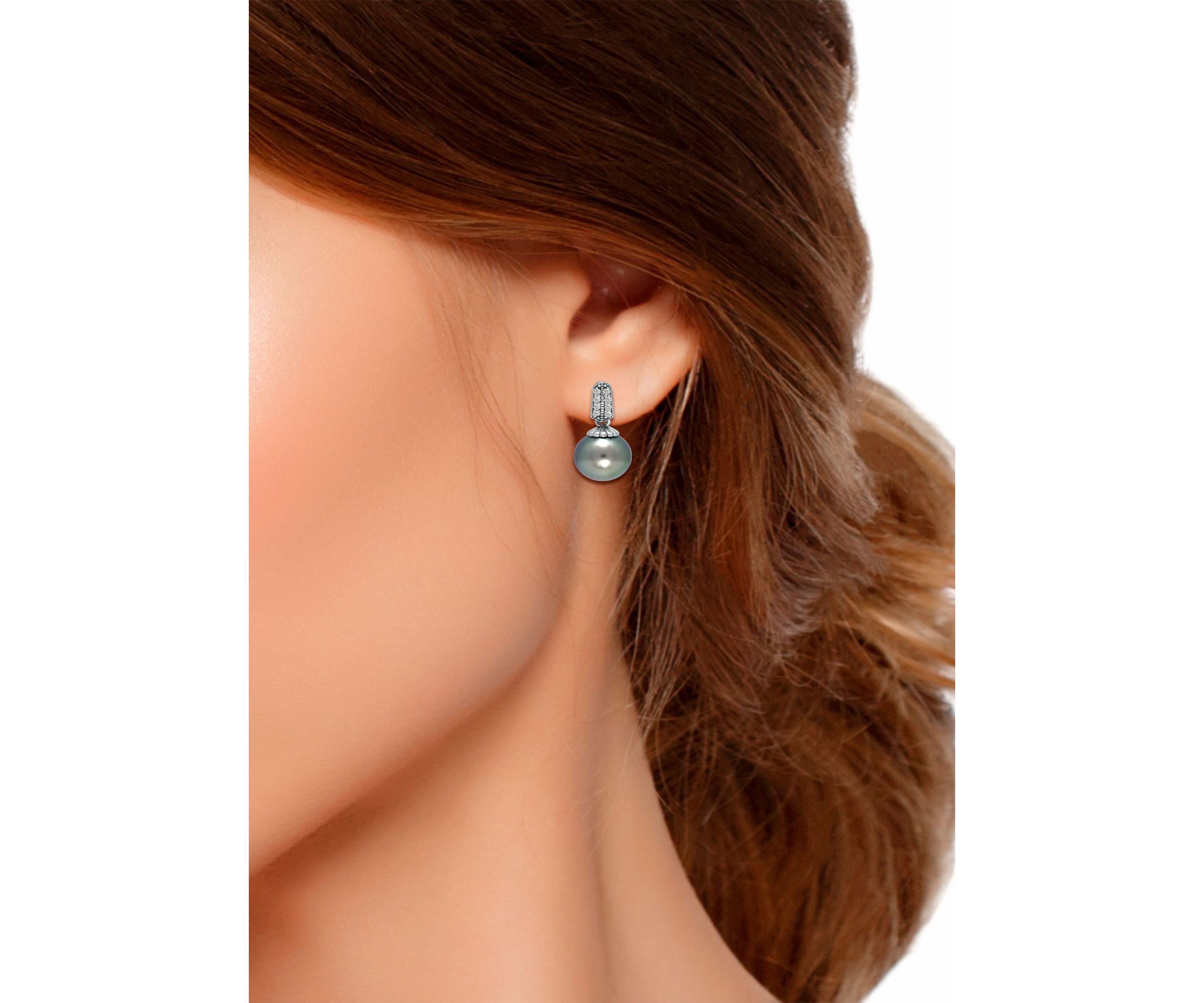 12MM Tahaitian Pearl and White Topaz Pave Drop Earrings, Sterling Silver