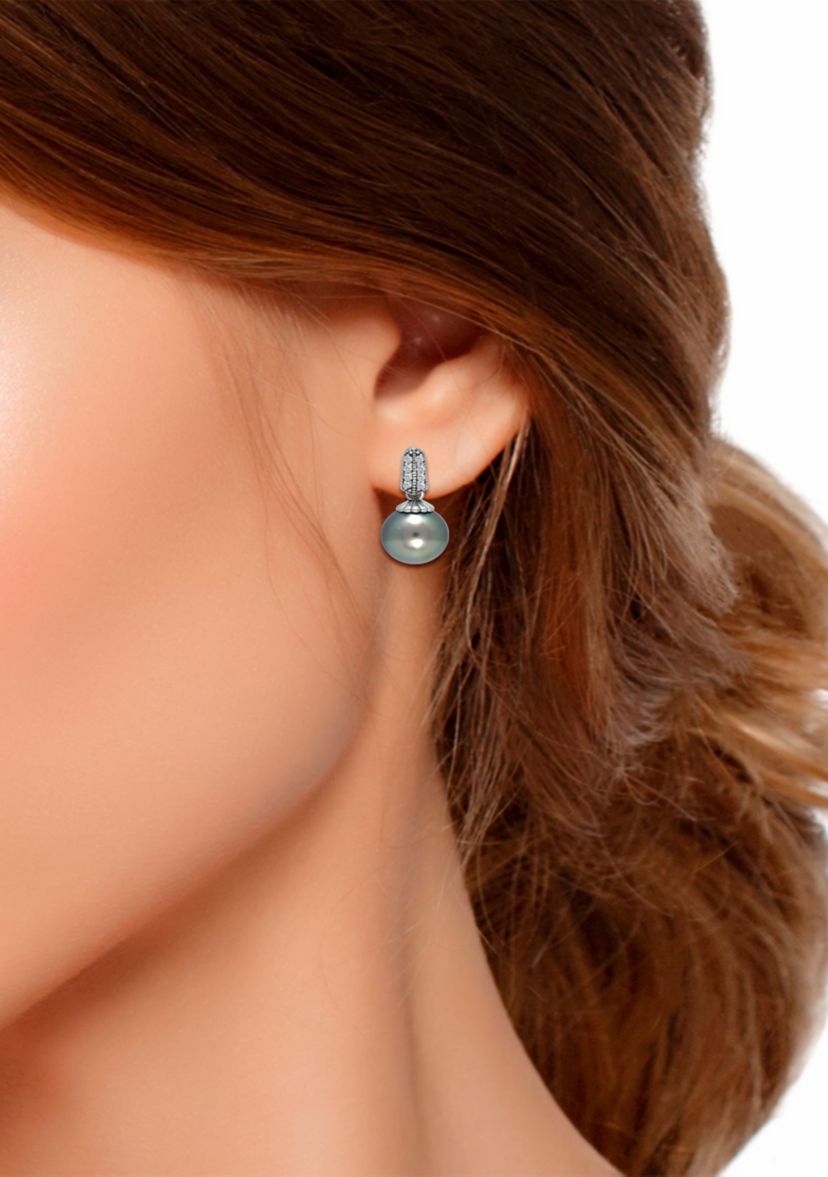 12MM Tahaitian Pearl and White Topaz Pave Drop Earrings, Sterling Silver