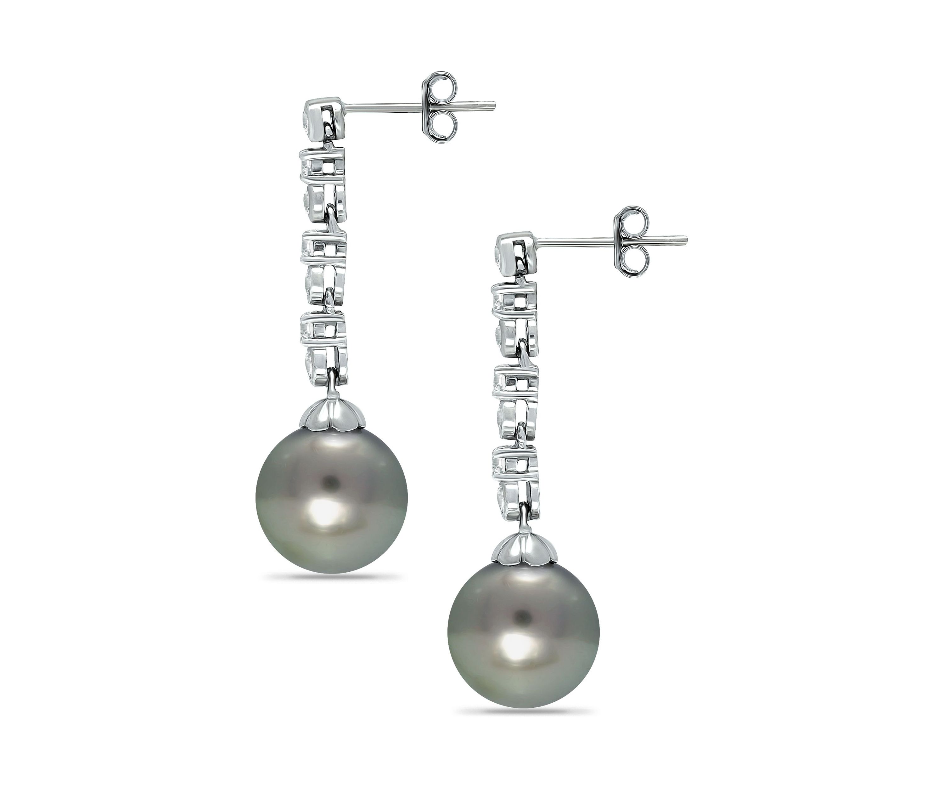 11MM Tahaitian Pearl and White Topaz Linear Drop Earrings, Sterling Silver