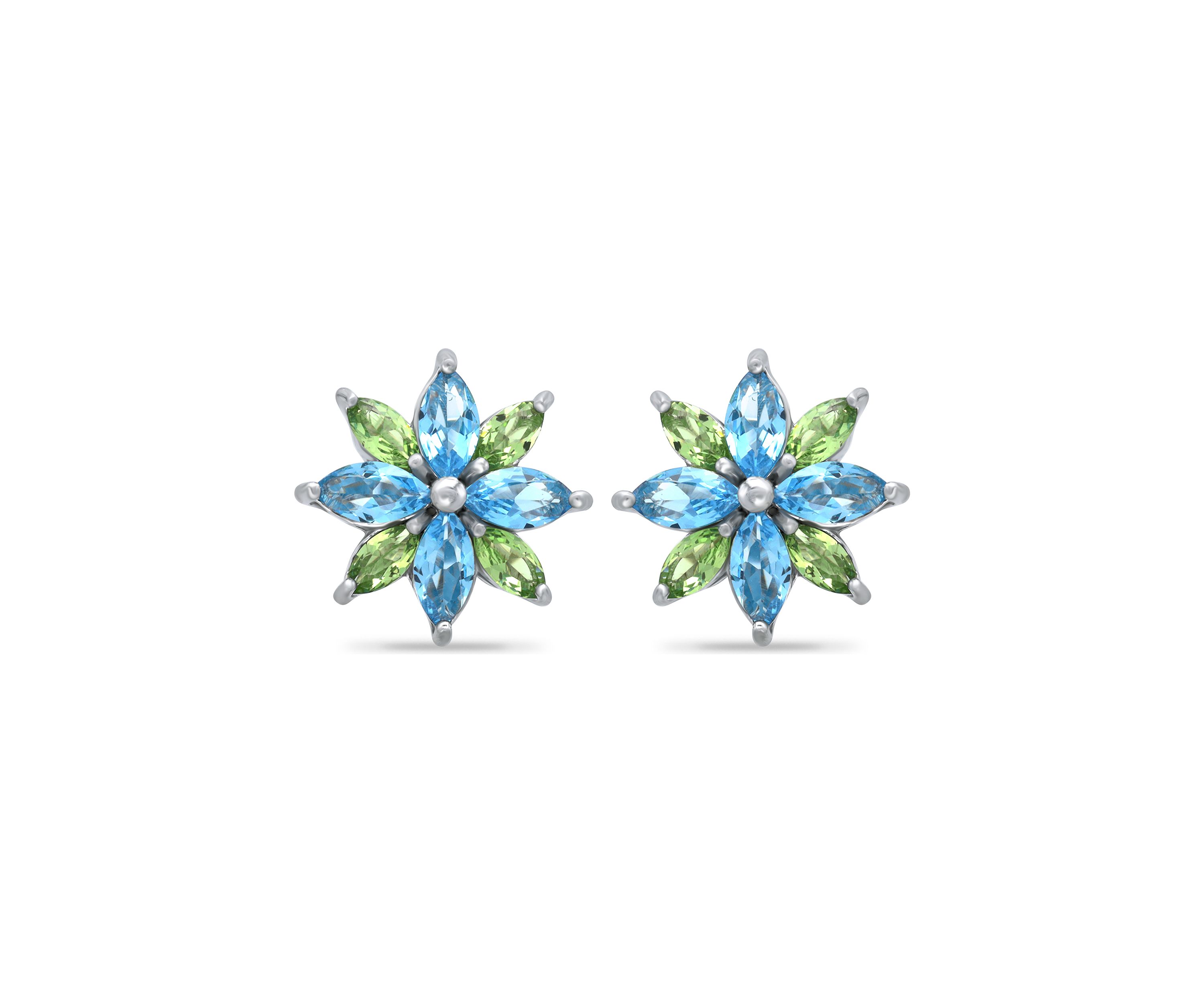 1.84 ct. t.w Blue Topaz and Peridot Flower stud Earring in Sterling Silver