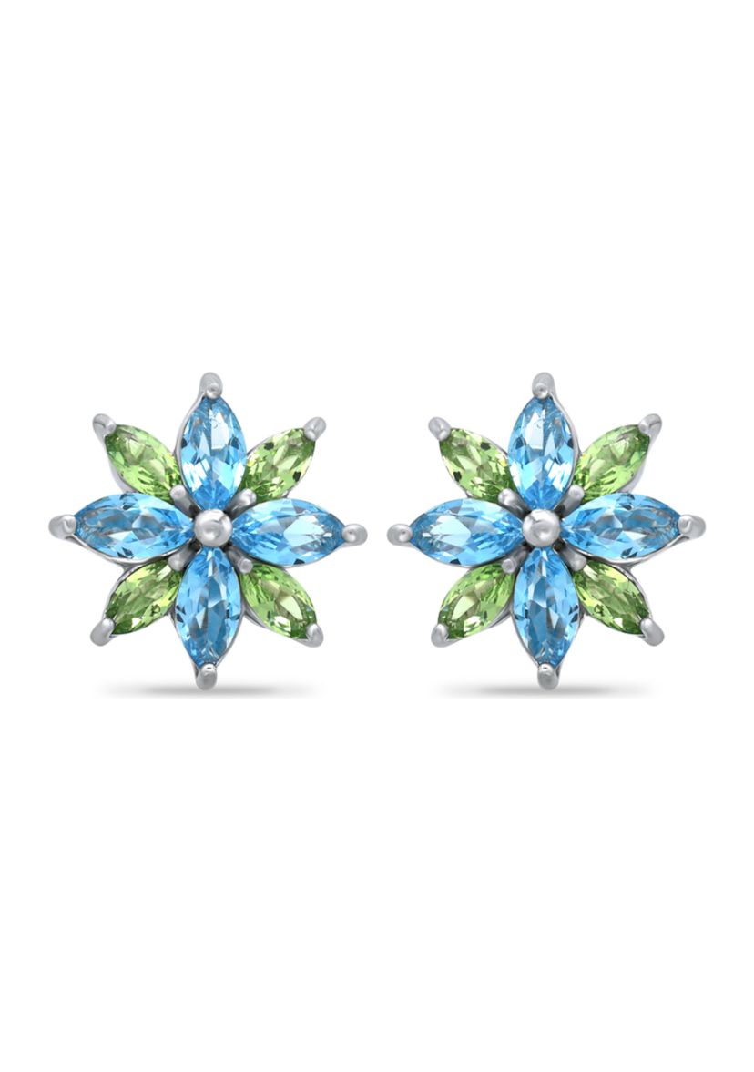 1.84 ct. t.w Blue Topaz and Peridot Flower stud Earring in Sterling Silver