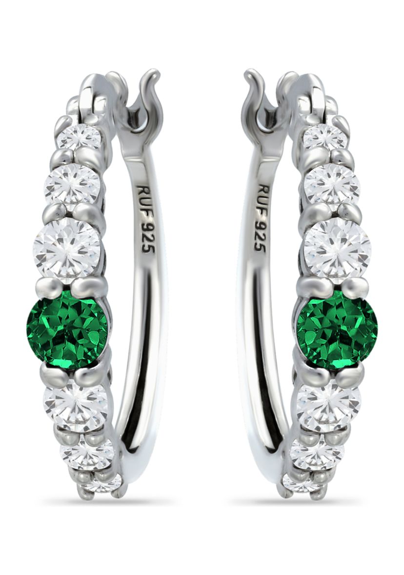 1/2 ct. t.w. Nano Emerald and 5/8 ct. t.w. Created White Sapphire Hoop Earrings in Sterling Silver