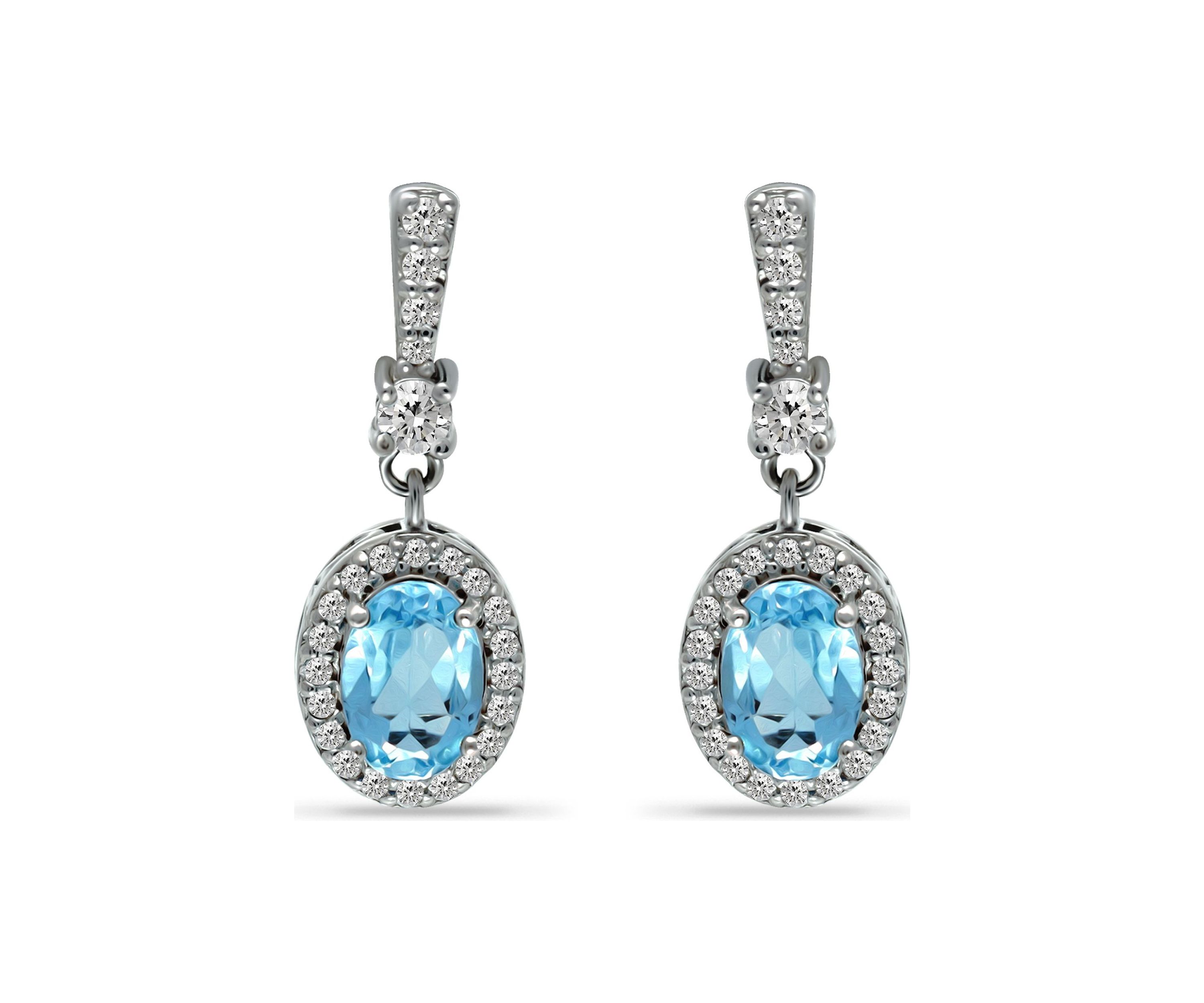 2.32 ct. Blue Topaz and Created White Sapphire Drop Earrings, Sterling Silver