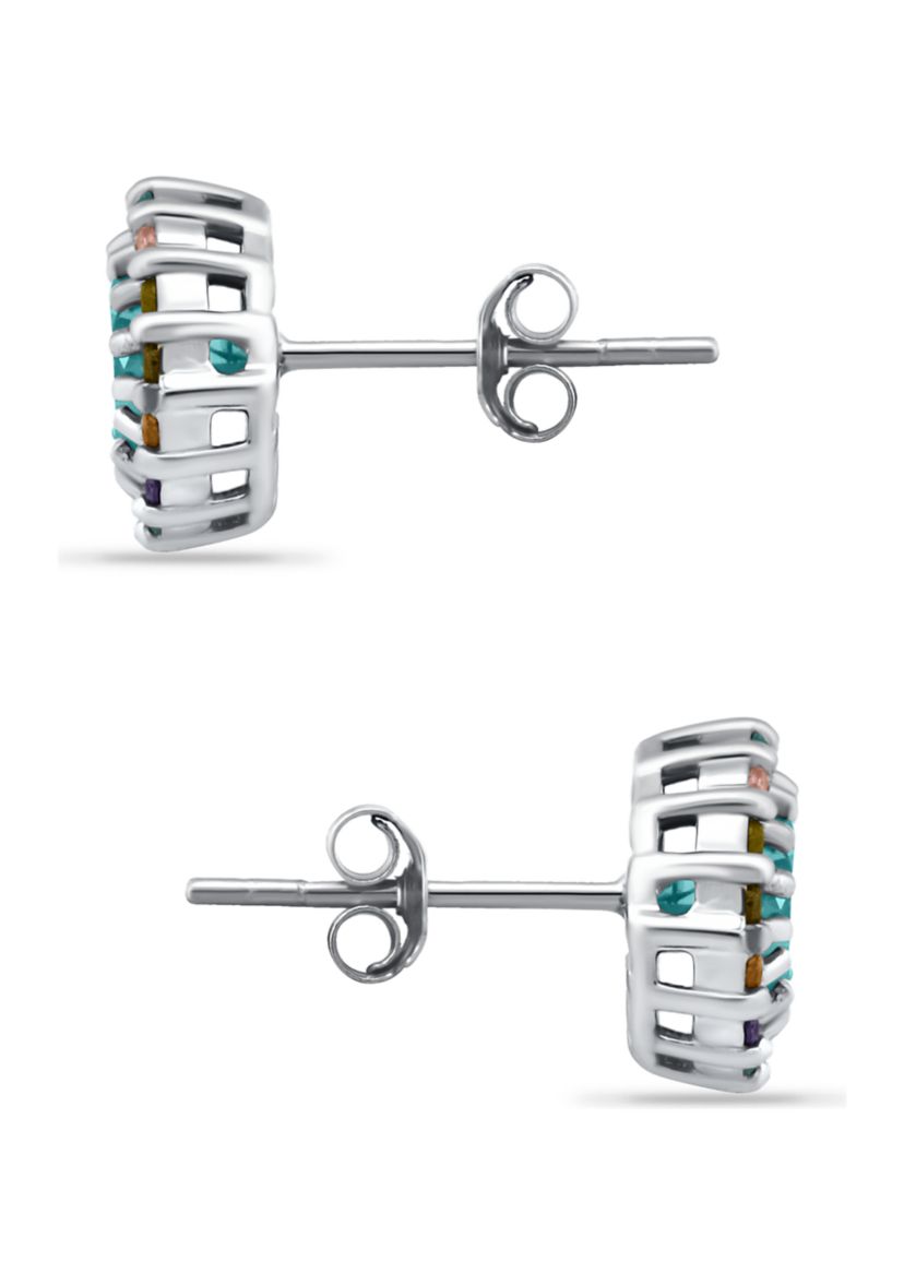 1.93 ct. t.w. Blue Topaz with Multi Gemstone Halo Stud Earrings, Sterling Silver