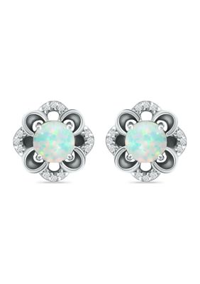 Belk & Co Lab Created 5/8 ct. t.w. Synthetic Opal and White Topaz Flower Earrings, Sterling Silver
