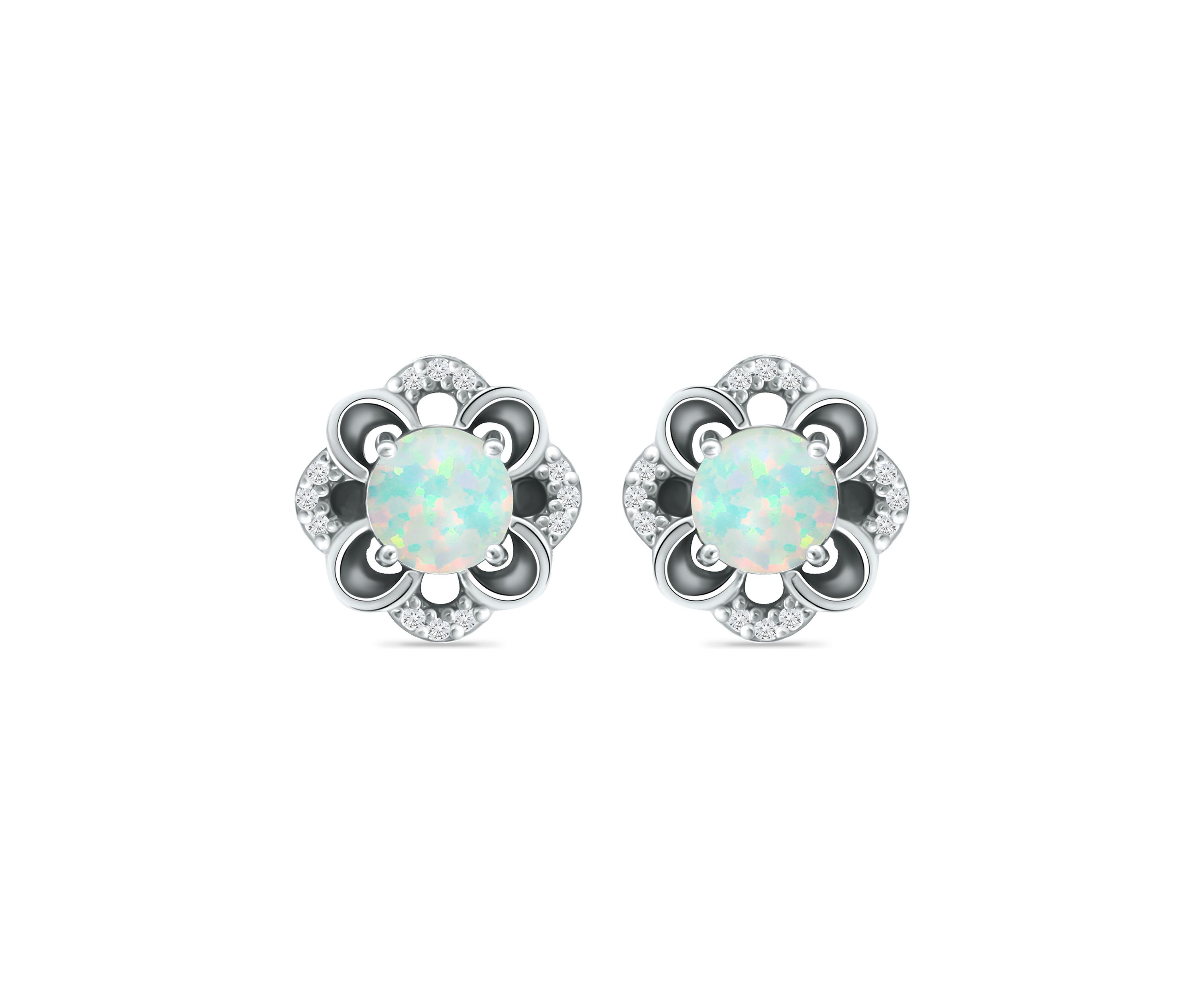 Lab Created 5/8 ct. t.w. Synthetic Opal and White Topaz Flower Earrings, Sterling Silver