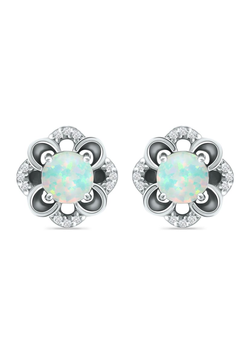 Lab Created 5/8 ct. t.w. Synthetic Opal and White Topaz Flower Earrings, Sterling Silver