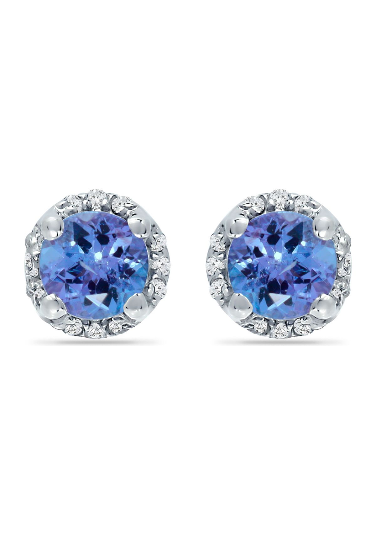 7/8 ct. 5MM Round Tanzanite and White Topaz Hidden Halo Stud Earrings, Sterling Silver