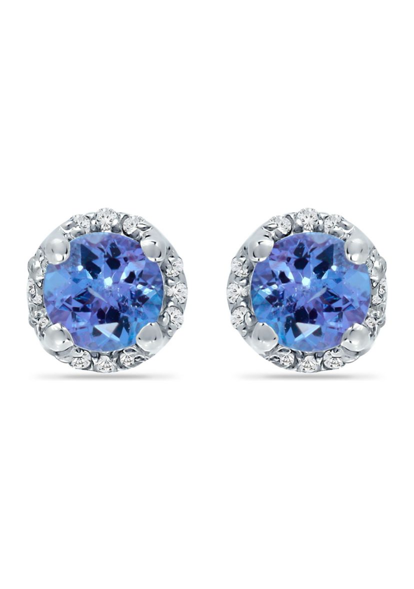 7/8 ct. 5MM Round Tanzanite and White Topaz Hidden Halo Stud Earrings, Sterling Silver
