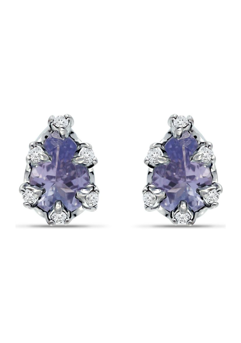 5/8 ct. 6MMx4MM Pear Tanzanite and White Topaz Crown Stud Earrings, Sterling Silver