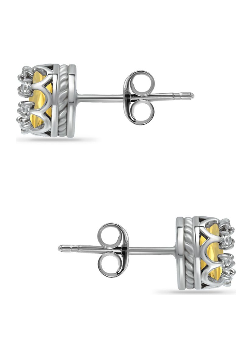 1-/3 ct. 6MM Round Citrine and White Topaz Crown Stud Earrings, Sterling Silver