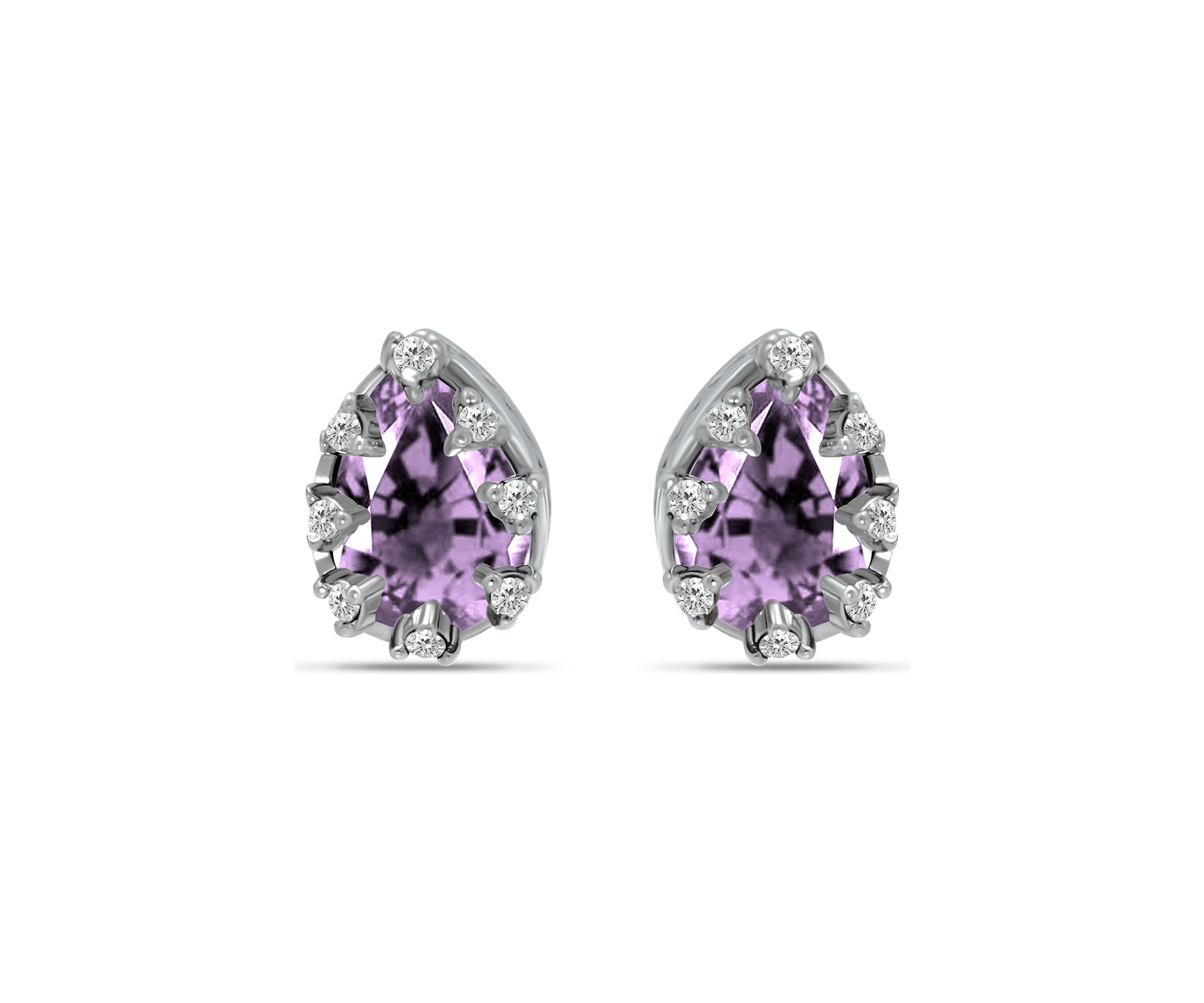 1-1/6 ct. 7x5MM Pear Amethyst and White Topaz Crown Stud Earrings, Sterling Silver