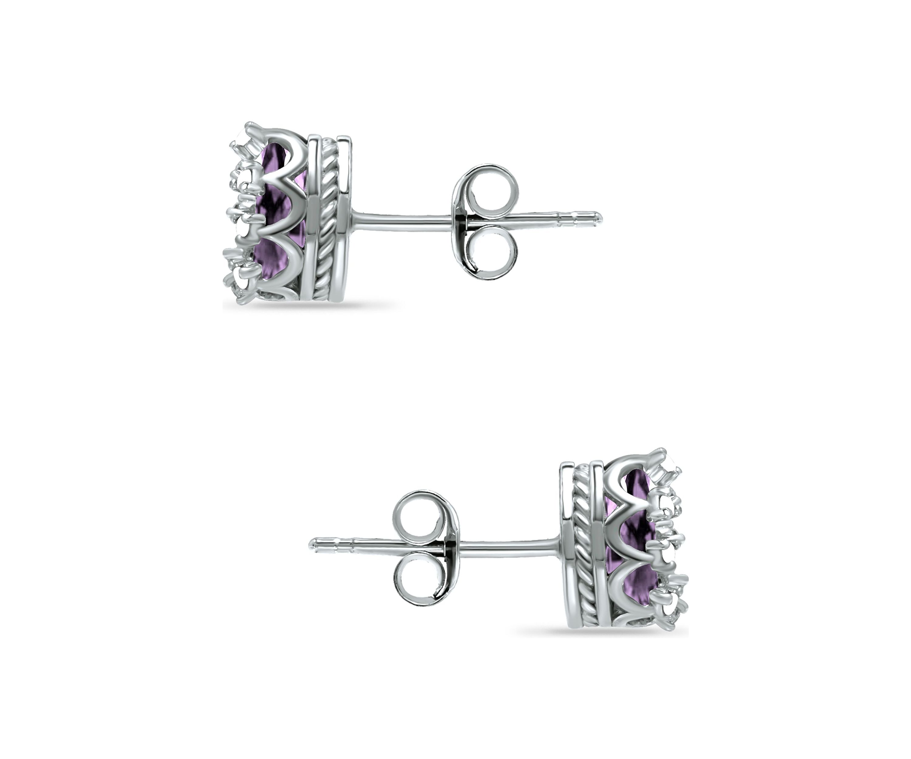 1-1/6 ct. 7x5MM Pear Amethyst and White Topaz Crown Stud Earrings, Sterling Silver