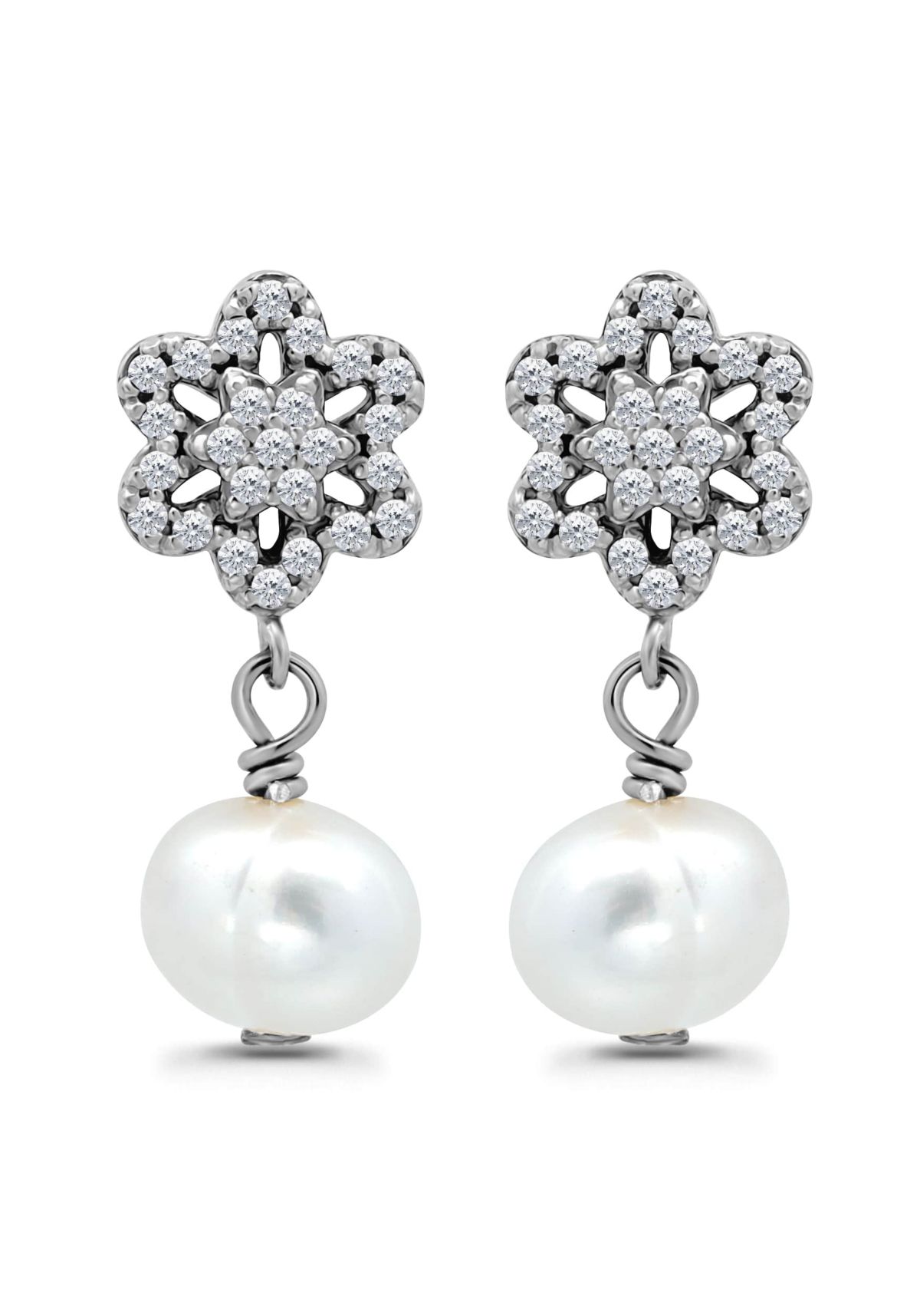 Freshwater Pearl Drop and Pave White Topaz Flower Sterling Silver Post Drop Earrings